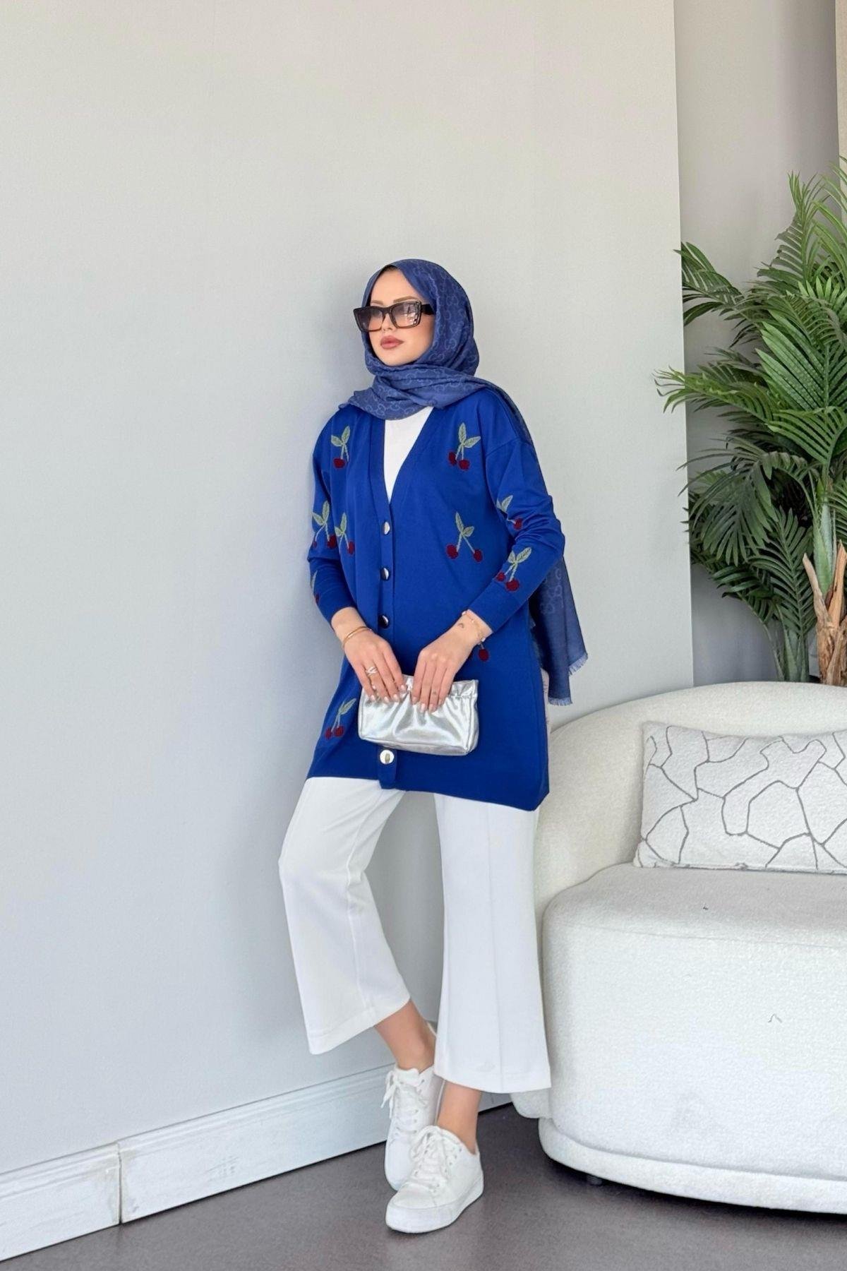 Kirazlı Merserize Hırka Saks, Fiyatları Kirazlı Merserize Hırka Saks- Haza Moda 