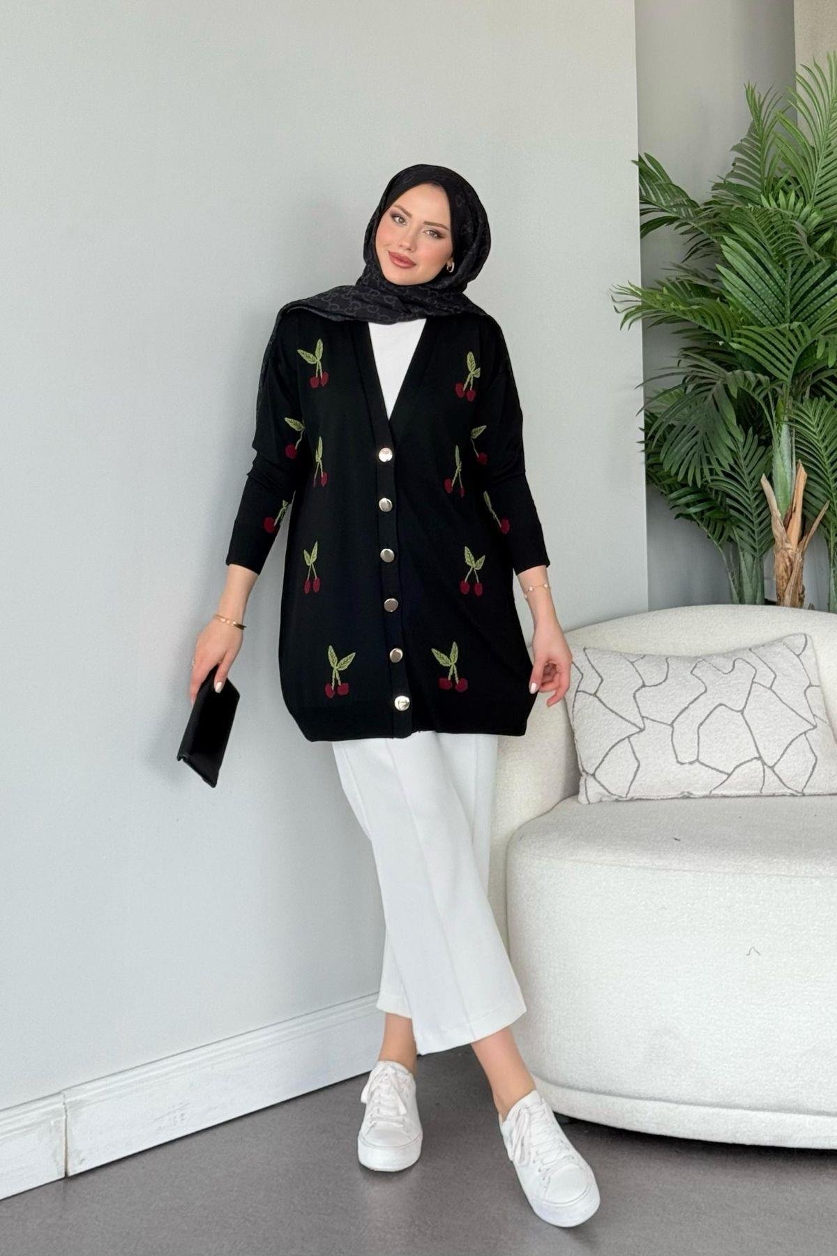 Kirazlı Merserize Hırka Siyah, Fiyatları Kirazlı Merserize Hırka Siyah- Haza Moda 