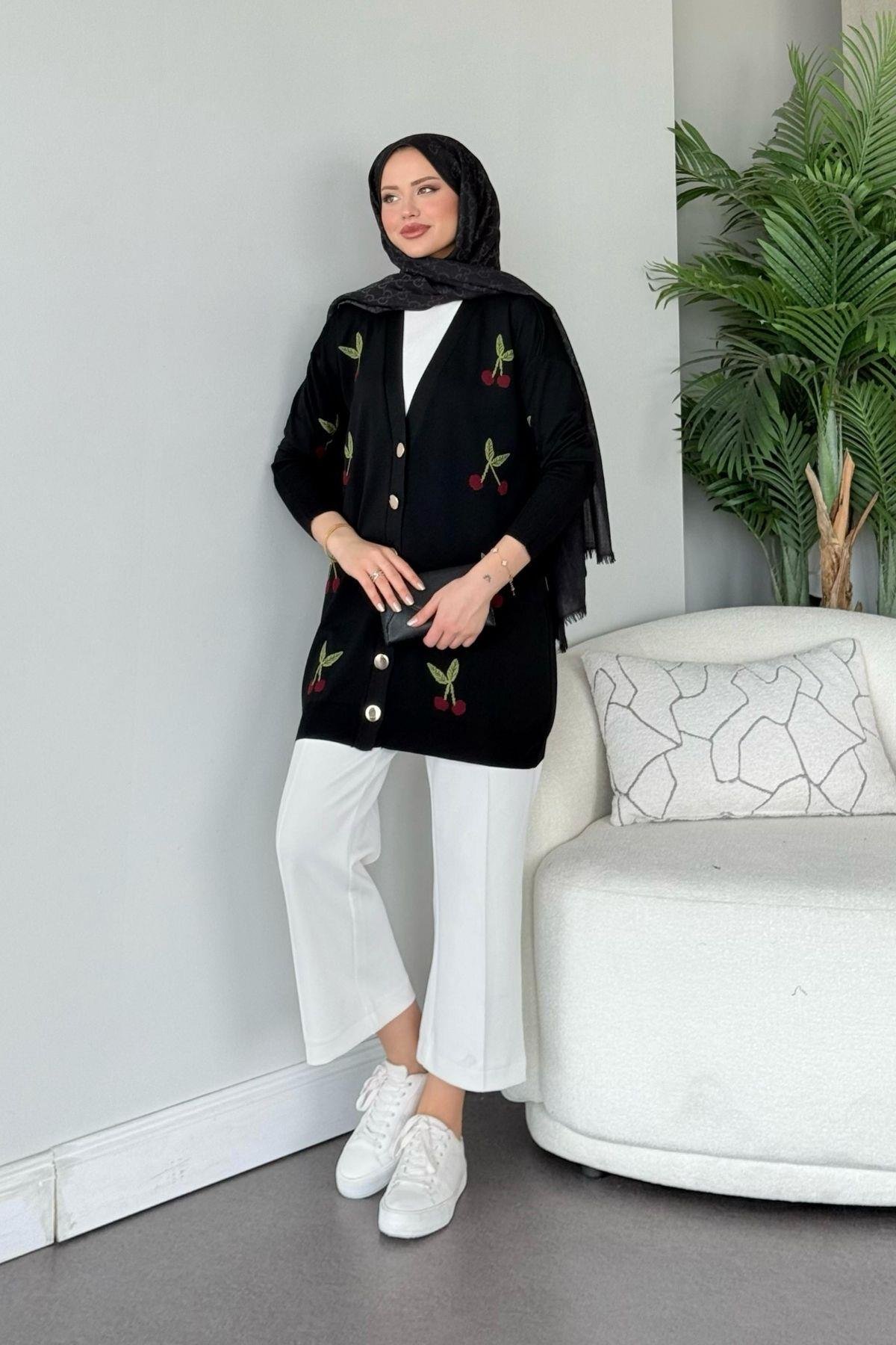 Kirazlı Merserize Hırka Siyah, Fiyatları Kirazlı Merserize Hırka Siyah- Haza Moda 