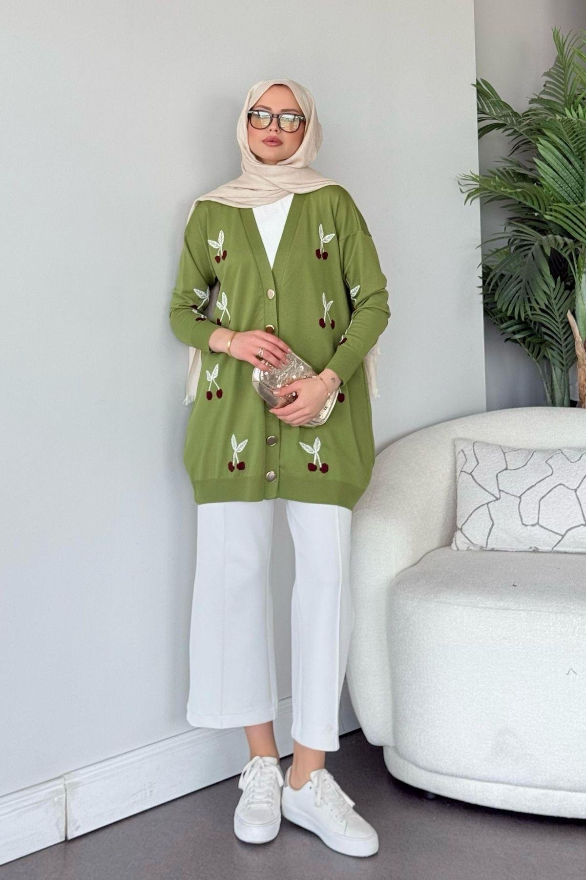 Kirazlı Merserize Hırka Yeşil, Fiyatları Kirazlı Merserize Hırka Yeşil- Haza Moda 