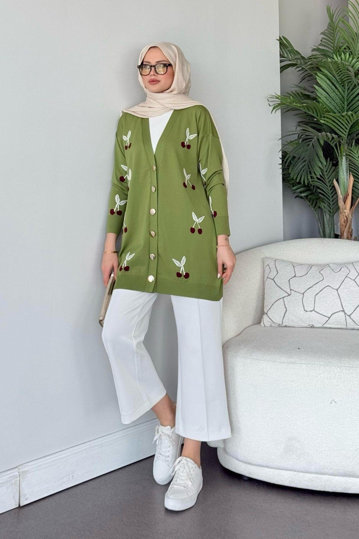 Kirazlı Merserize Hırka Yeşil, Fiyatları Kirazlı Merserize Hırka Yeşil- Haza Moda 