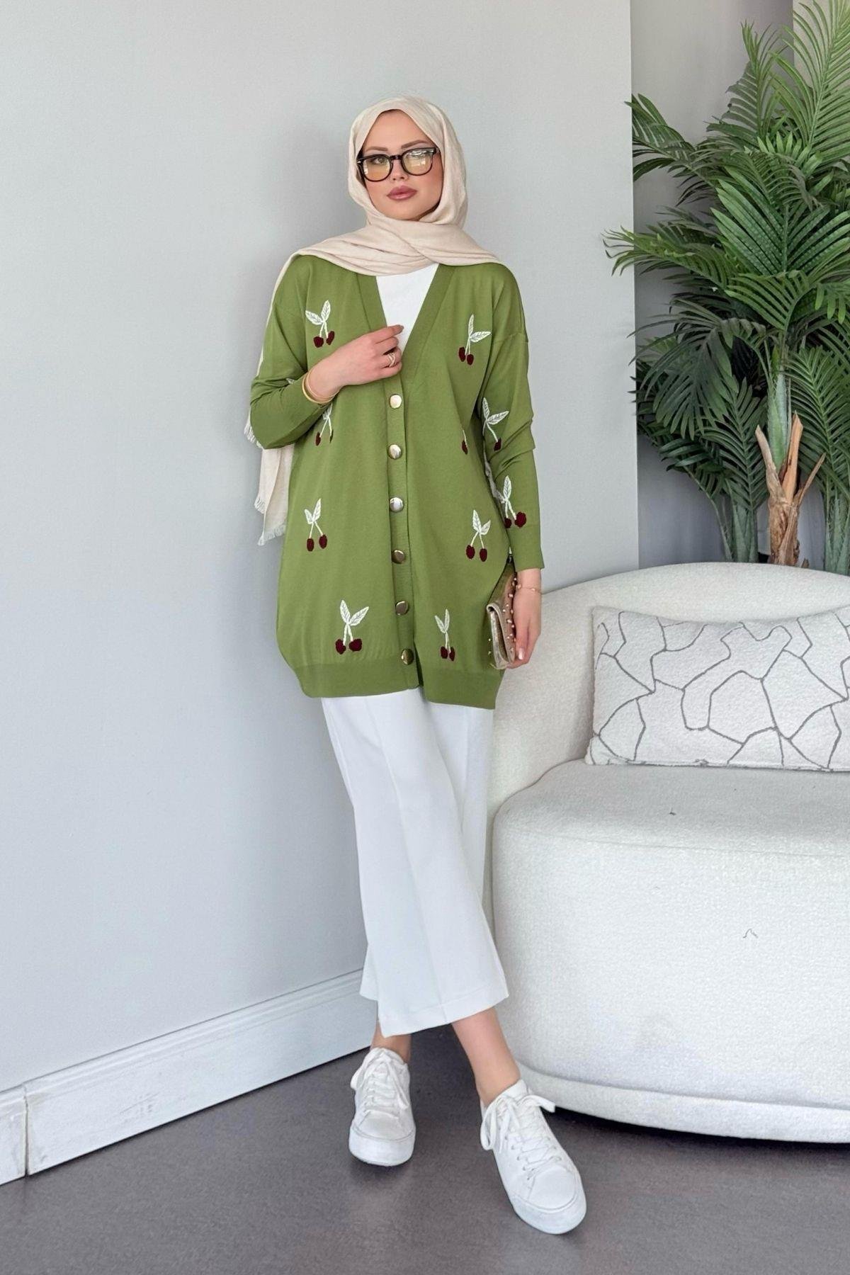 Kirazlı Merserize Hırka Yeşil, Fiyatları Kirazlı Merserize Hırka Yeşil- Haza Moda 