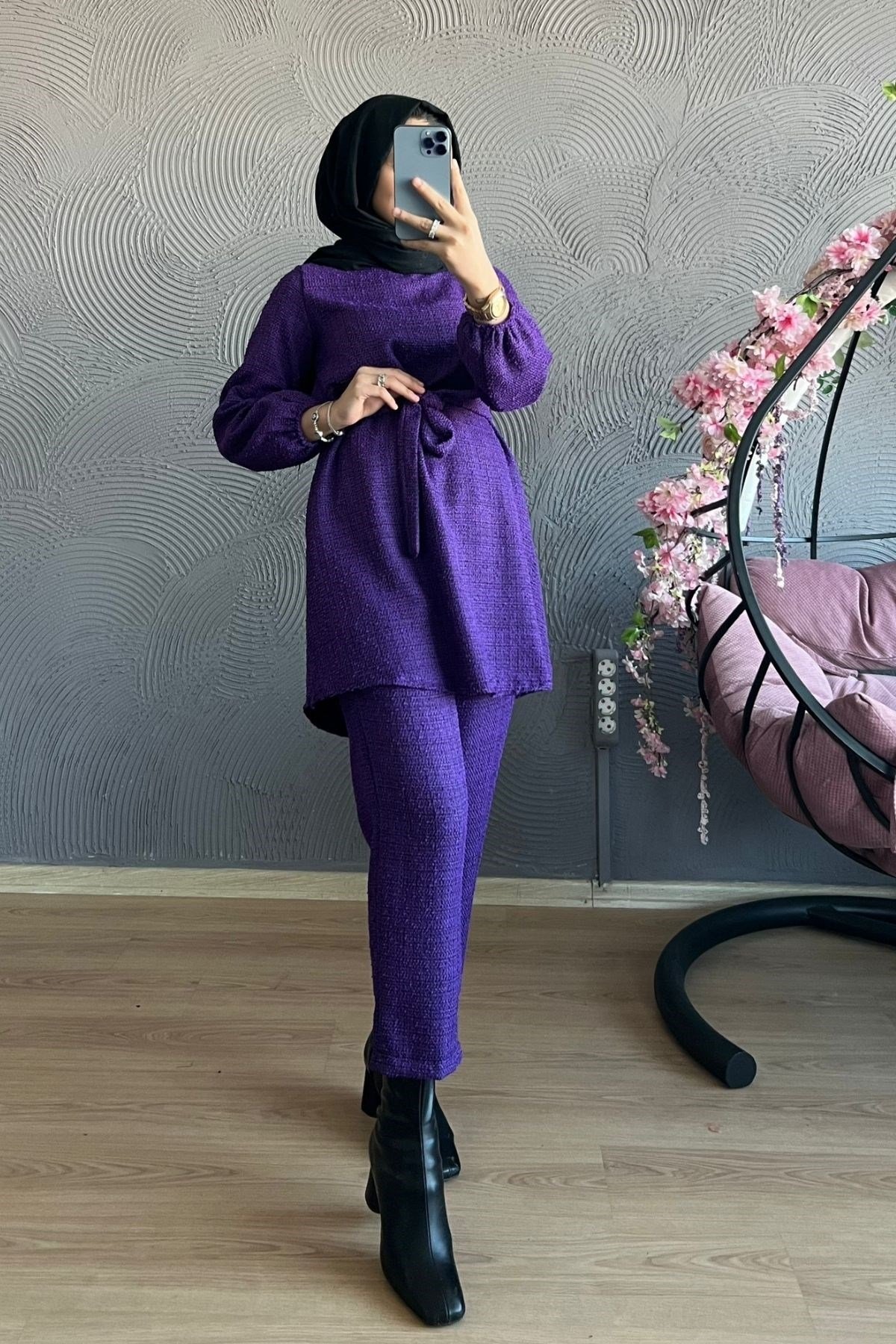 Kırçıllı Takım-MOR, Fiyatları Büyük Cepli Takım-EKRU – Haza Moda | Tesettür Giyim