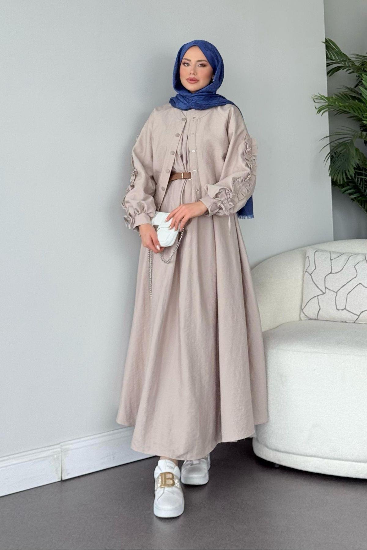 Kolları Büzgülü İçli Elbise Bej, Fiyatları 