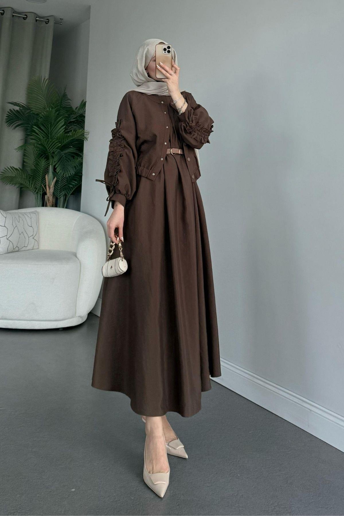 Kolları Büzgülü İçli Elbise Kahve, Fiyatları 