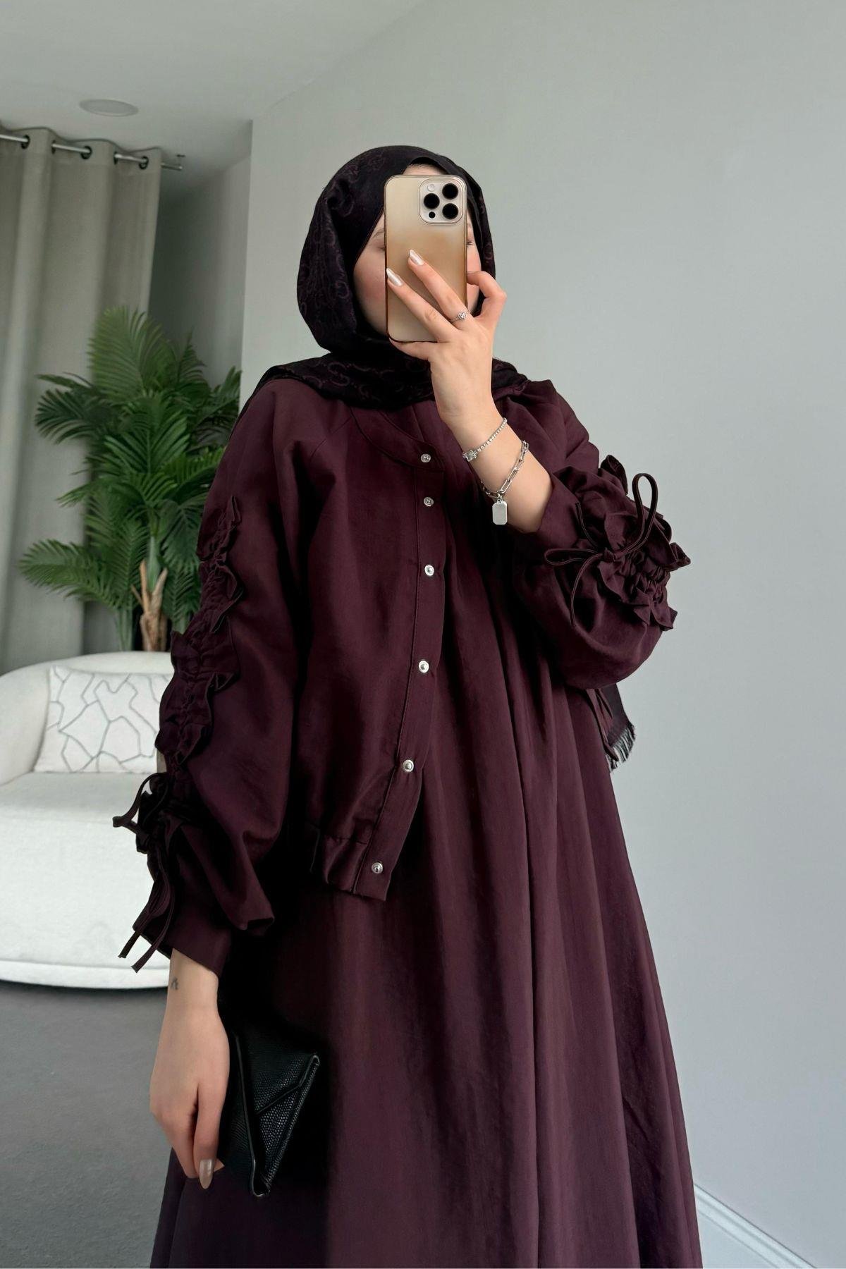 Kolları Büzgülü İçli Elbise Mürdüm, Fiyatları 