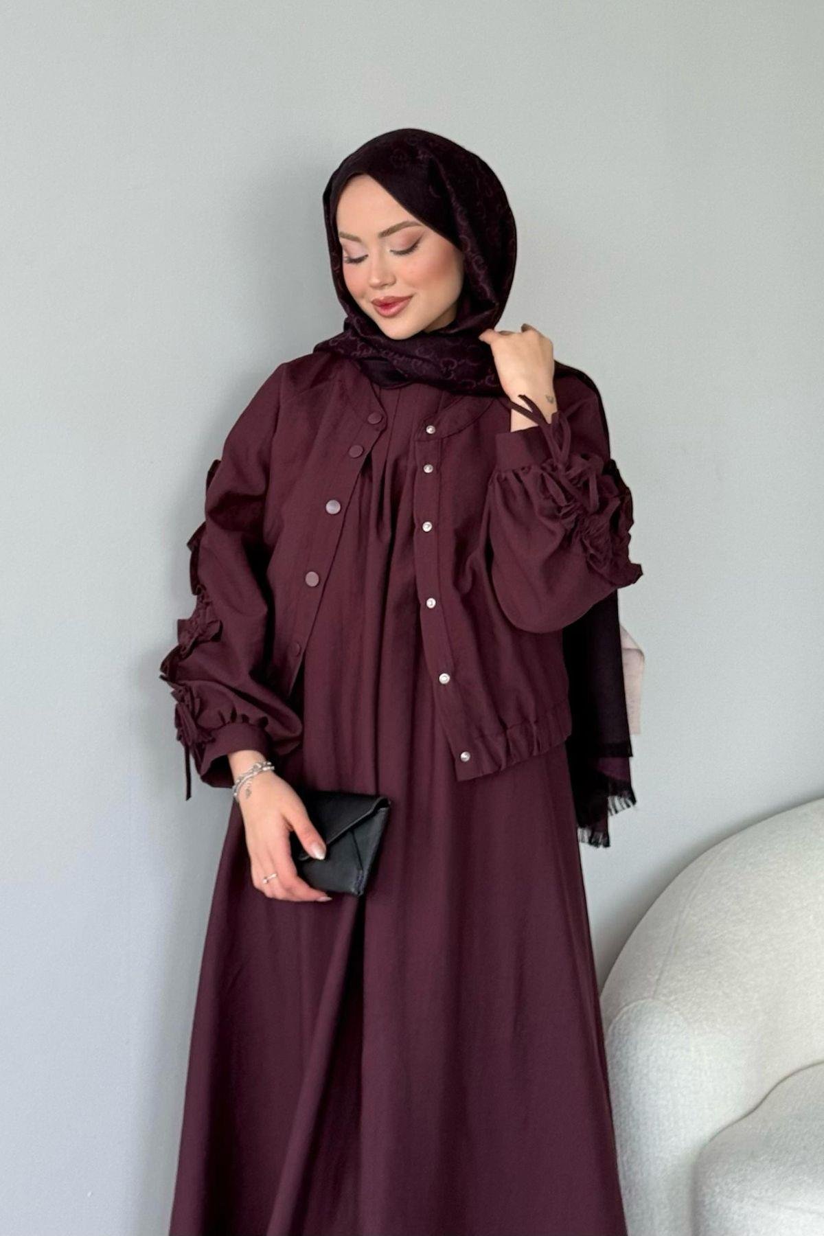 Kolları Büzgülü İçli Elbise Mürdüm, Fiyatları 