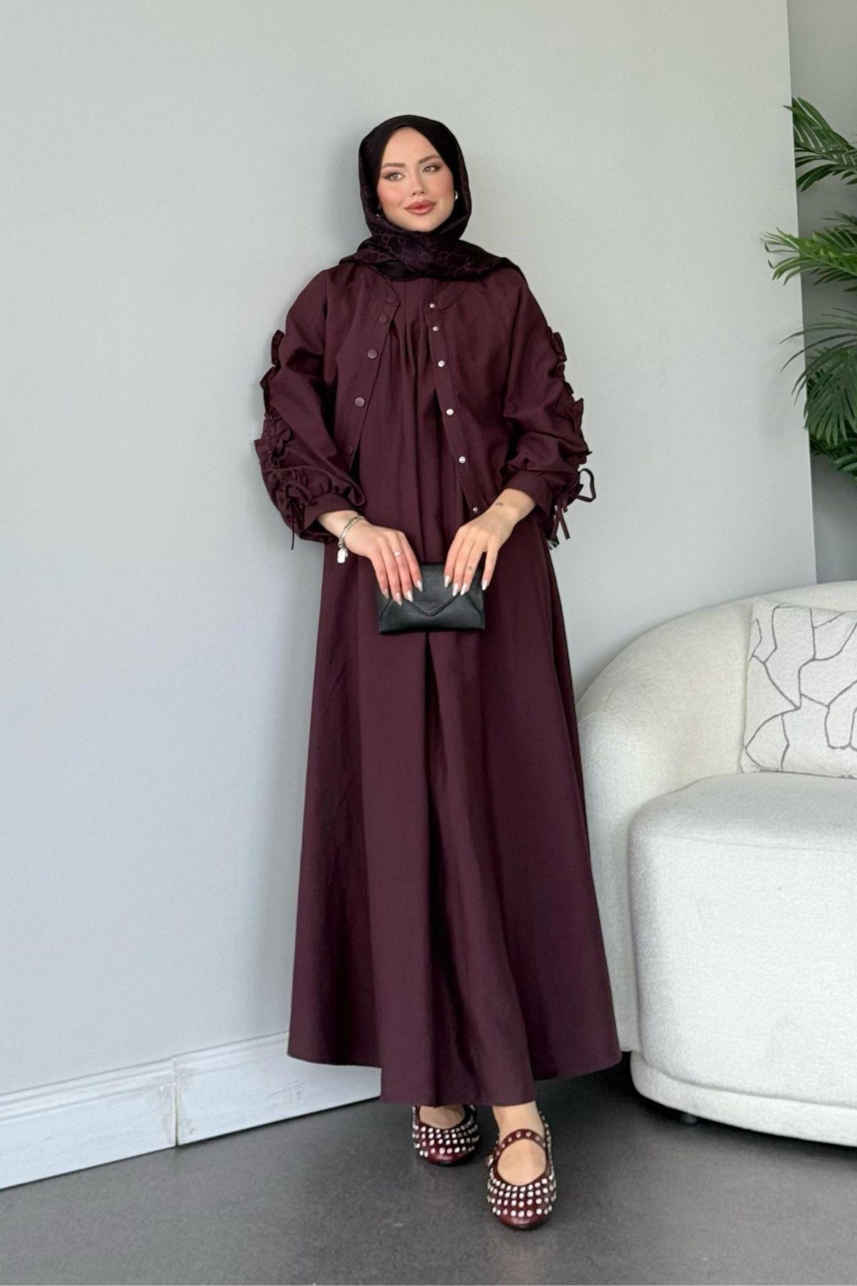 Kolları Büzgülü İçli Elbise Mürdüm, Fiyatları 