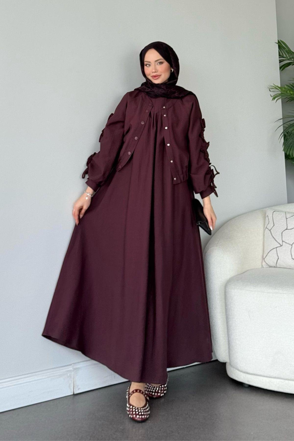 Kolları Büzgülü İçli Elbise Mürdüm, Fiyatları 