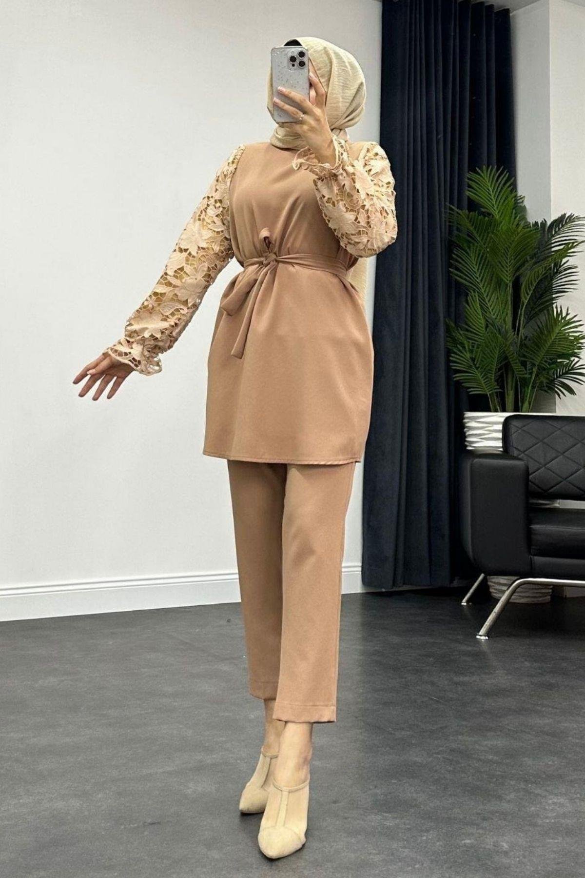 Kolları Dantel Pantolon Takım Camel, Fiyatları 