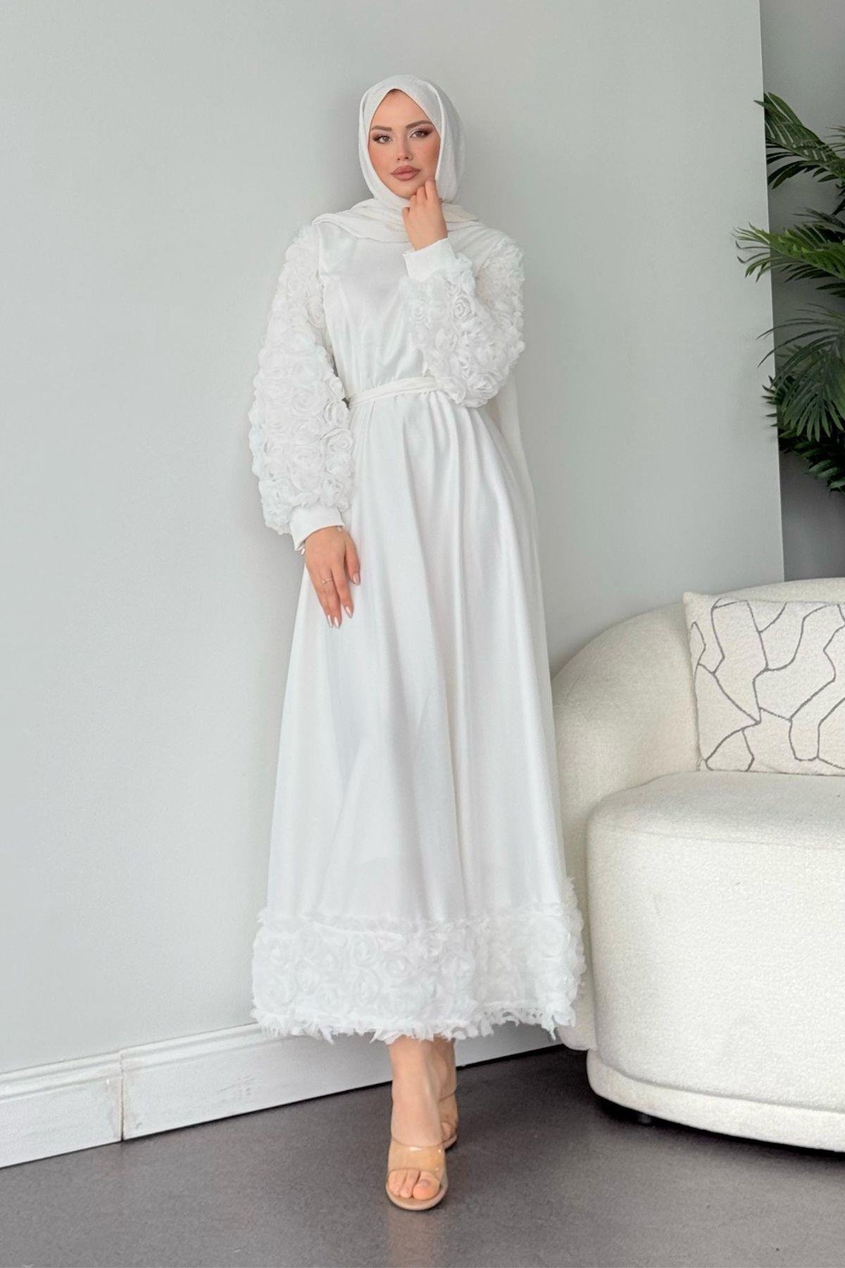 Kolları Ve Etek Ucu Güllü Abiye Beyaz, Fiyatları 