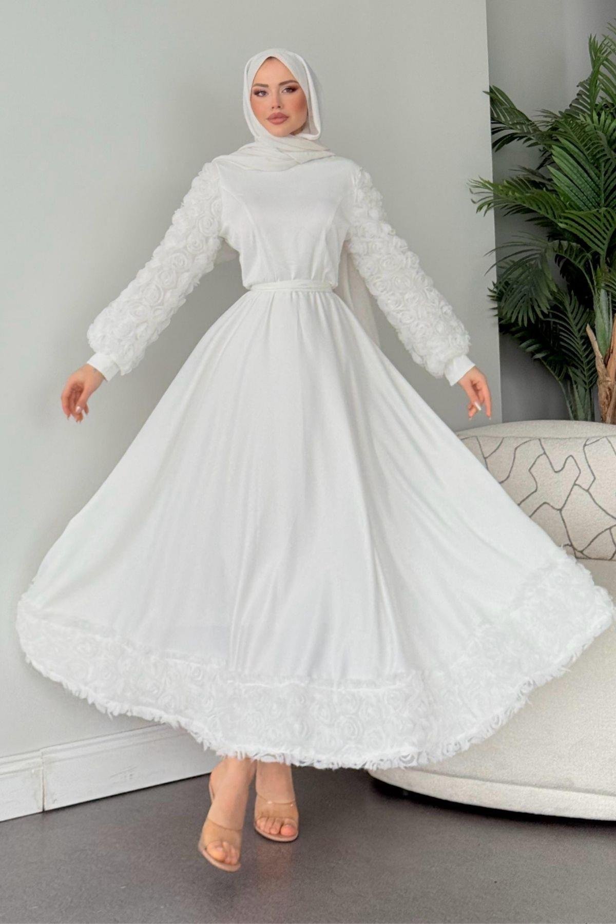 Kolları Ve Etek Ucu Güllü Abiye Beyaz, Fiyatları 