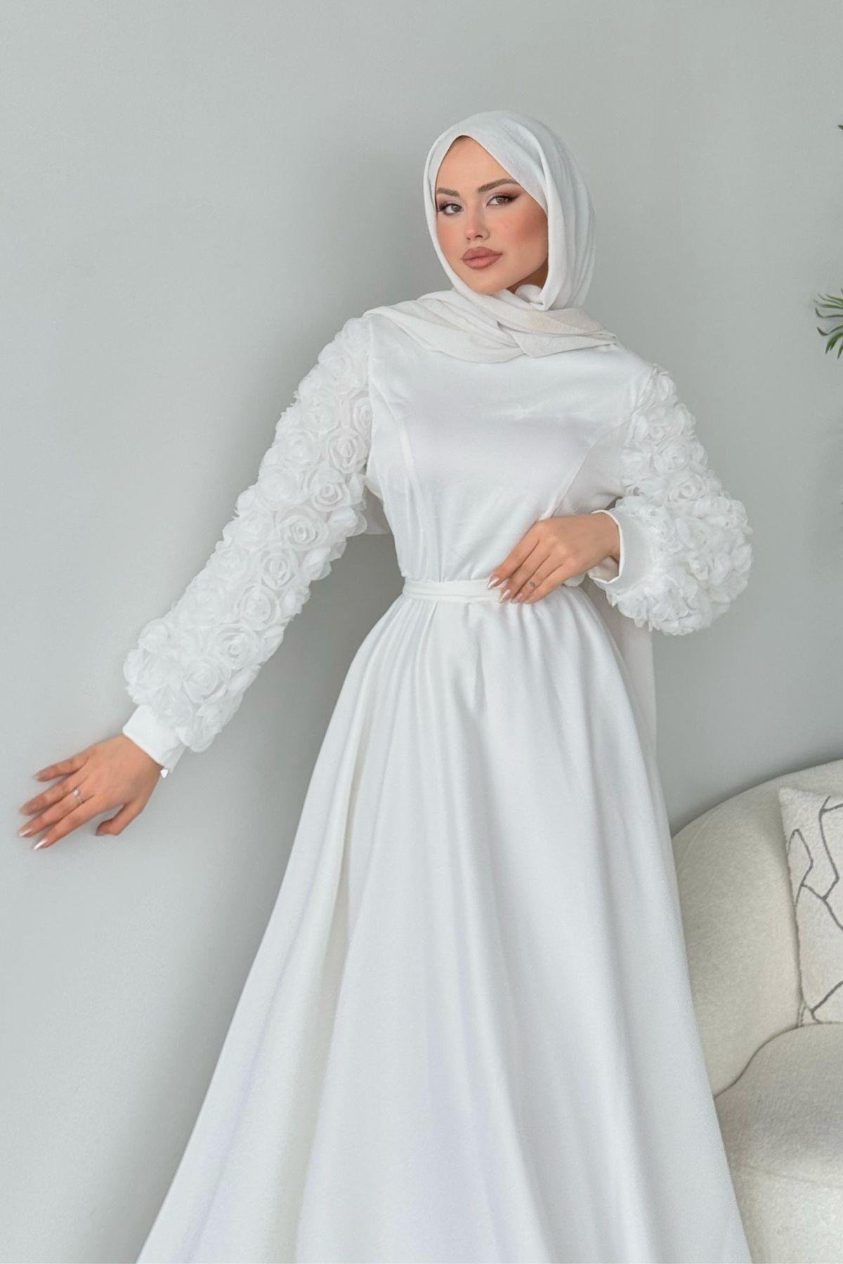 Kolları Ve Etek Ucu Güllü Abiye Beyaz, Fiyatları 