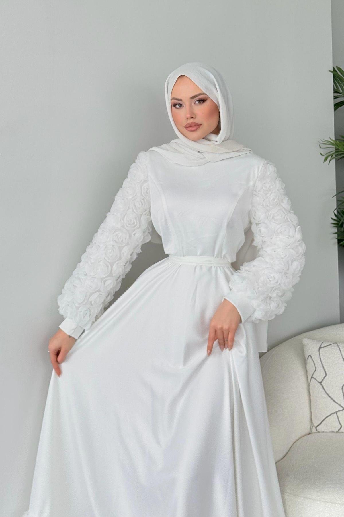 Kolları Ve Etek Ucu Güllü Abiye Beyaz, Fiyatları 