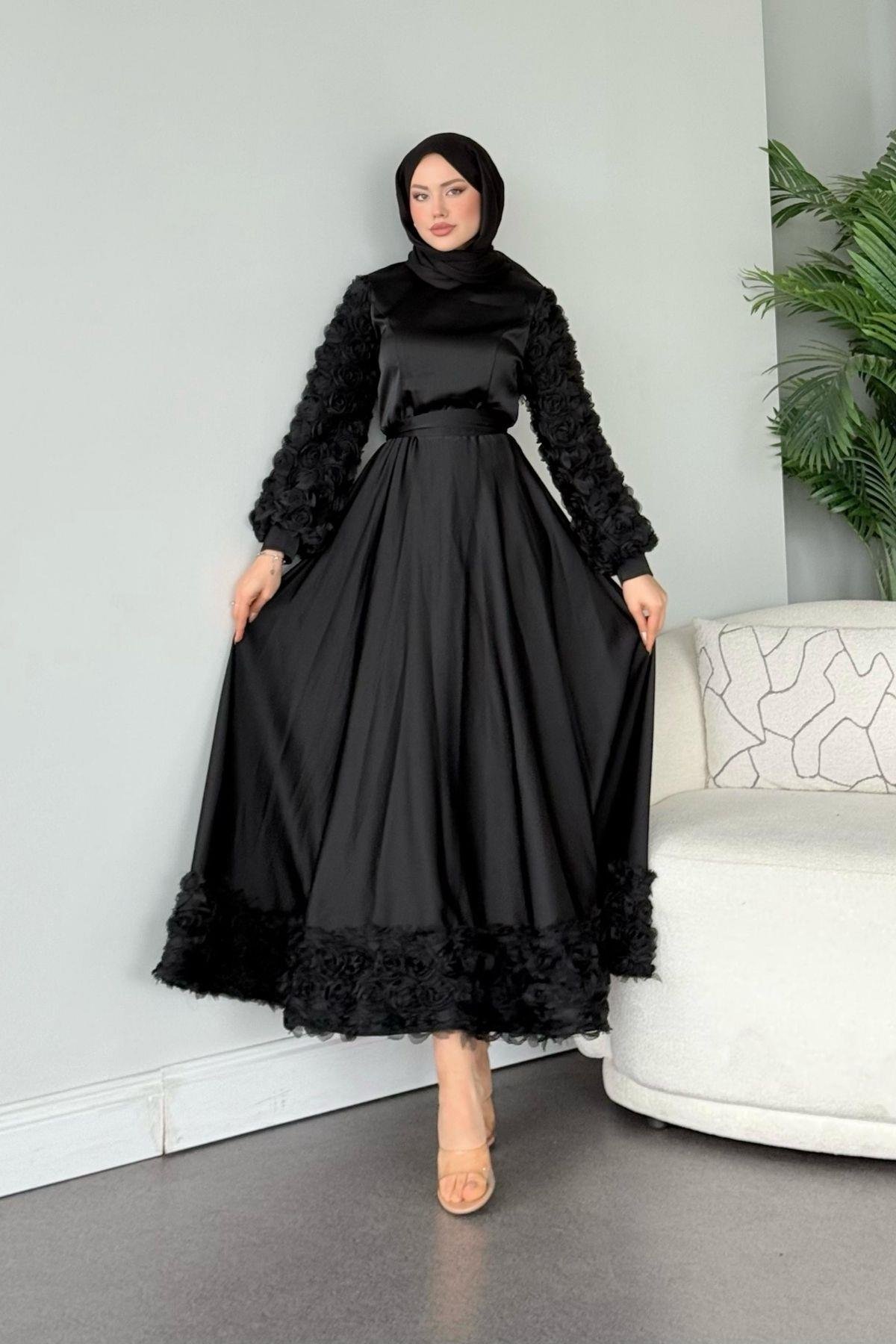 Kolları Ve Etek Ucu Güllü Abiye Siyah, Fiyatları 