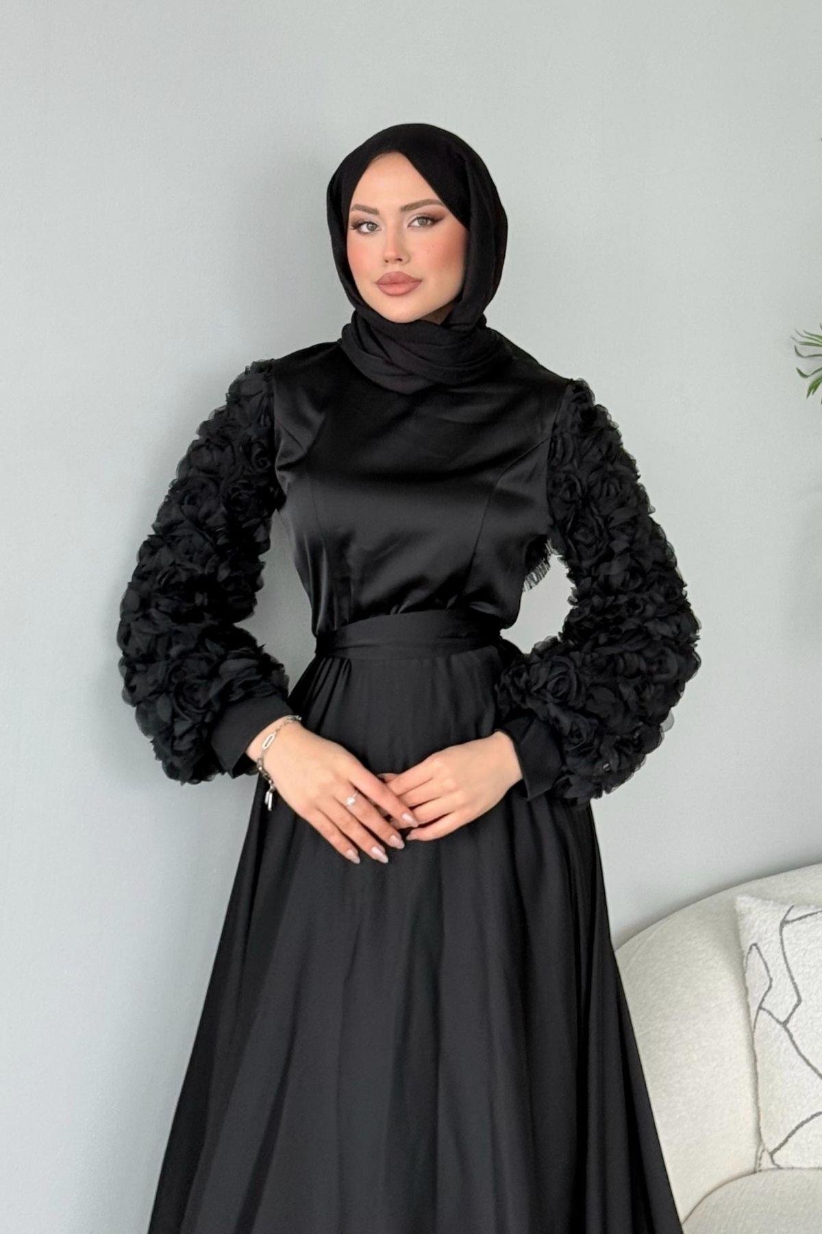 Kolları Ve Etek Ucu Güllü Abiye Siyah, Fiyatları 