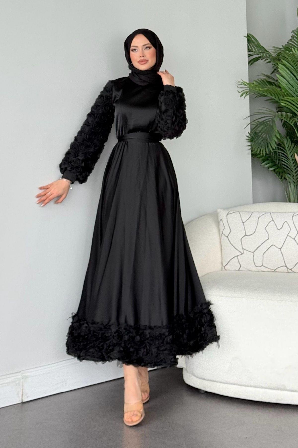 Kolları Ve Etek Ucu Güllü Abiye Siyah, Fiyatları 
