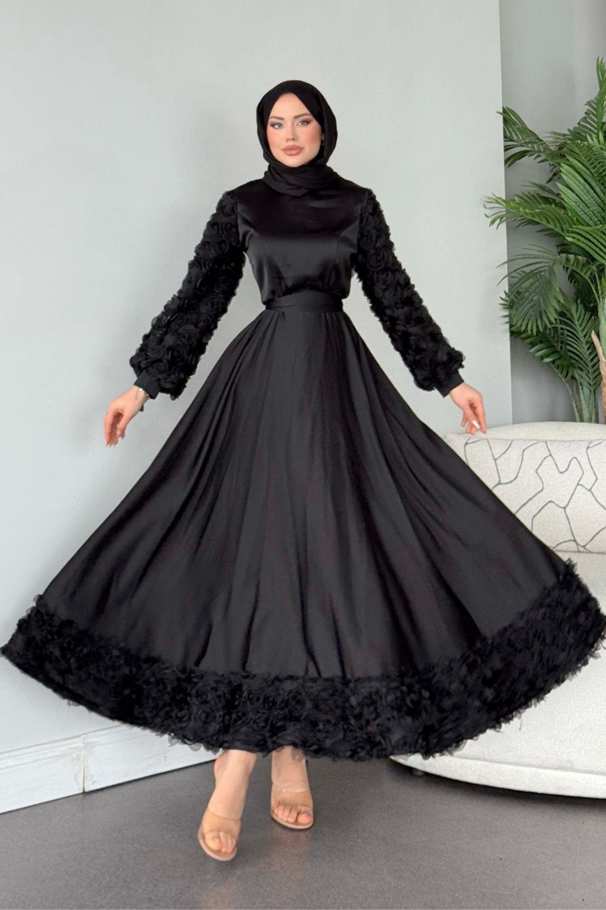 Kolları Ve Etek Ucu Güllü Abiye Siyah, Fiyatları 