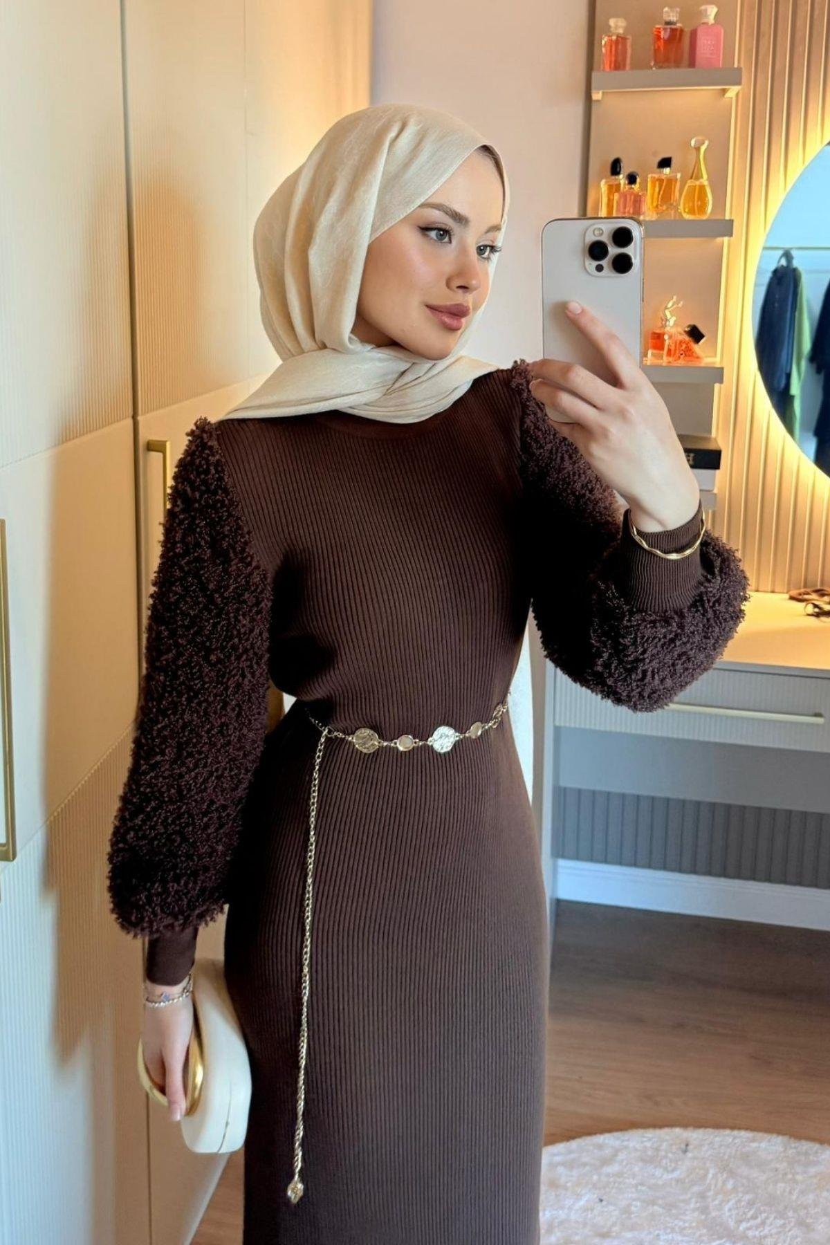 Kolu Peluş Triko Elbise Acı Kahve, Fiyatları 