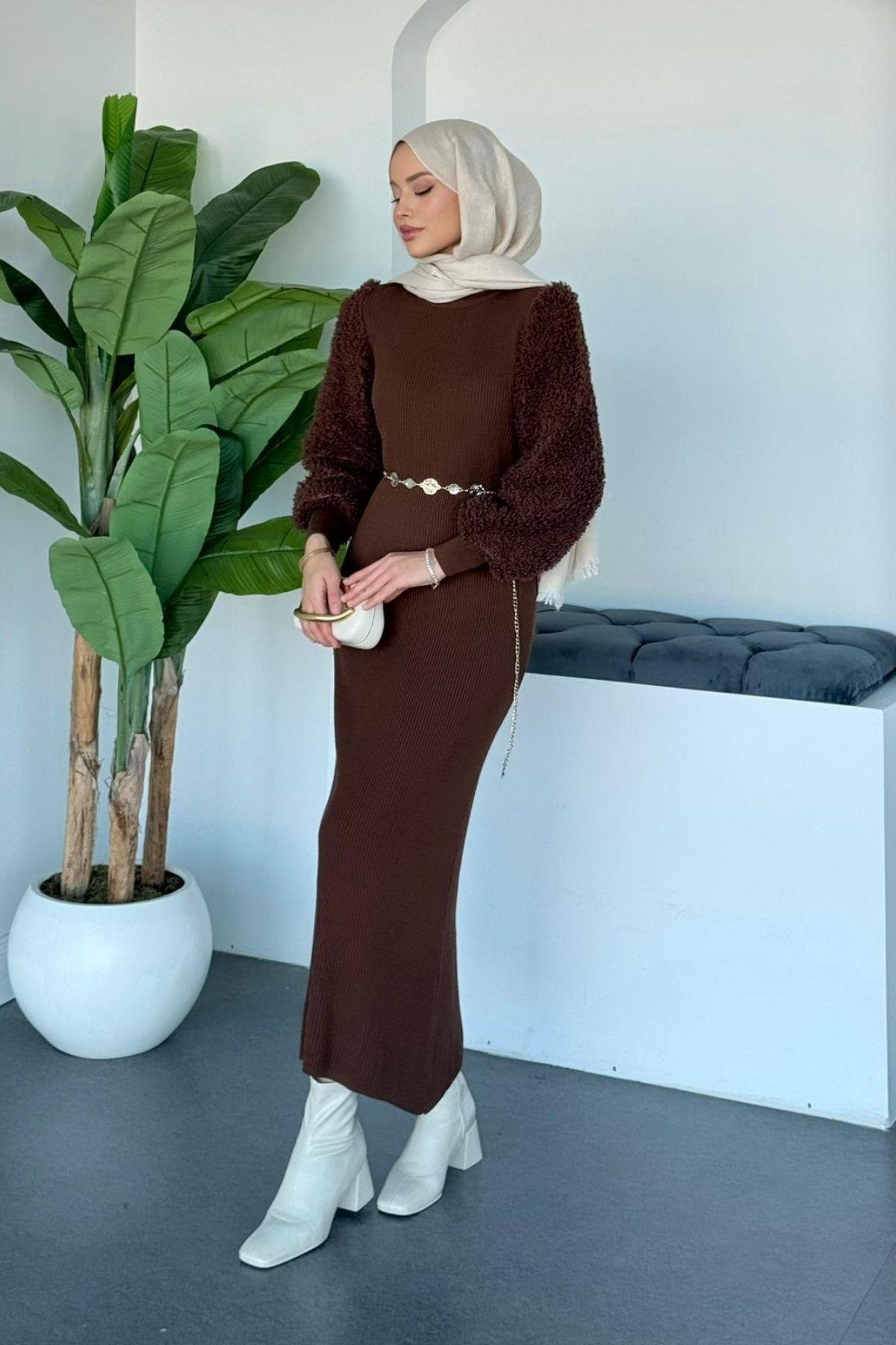 Kolu Peluş Triko Elbise Acı Kahve, Fiyatları 