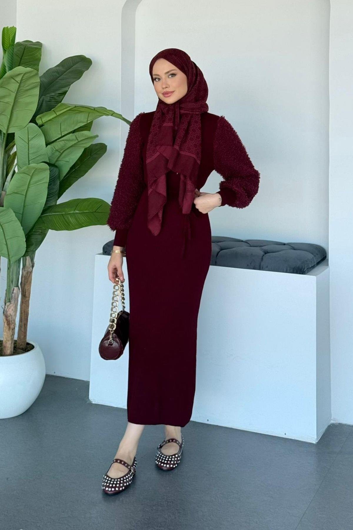 Kolu Peluş Triko Elbise Bordo, Fiyatları 