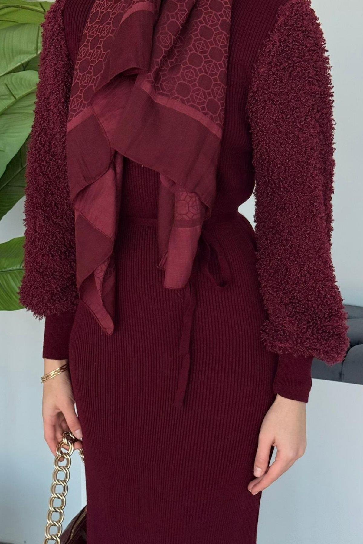 Kolu Peluş Triko Elbise Bordo, Fiyatları 