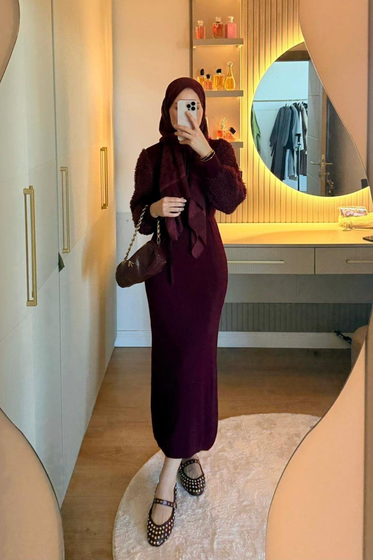 Kolu Peluş Triko Elbise Bordo, Fiyatları 