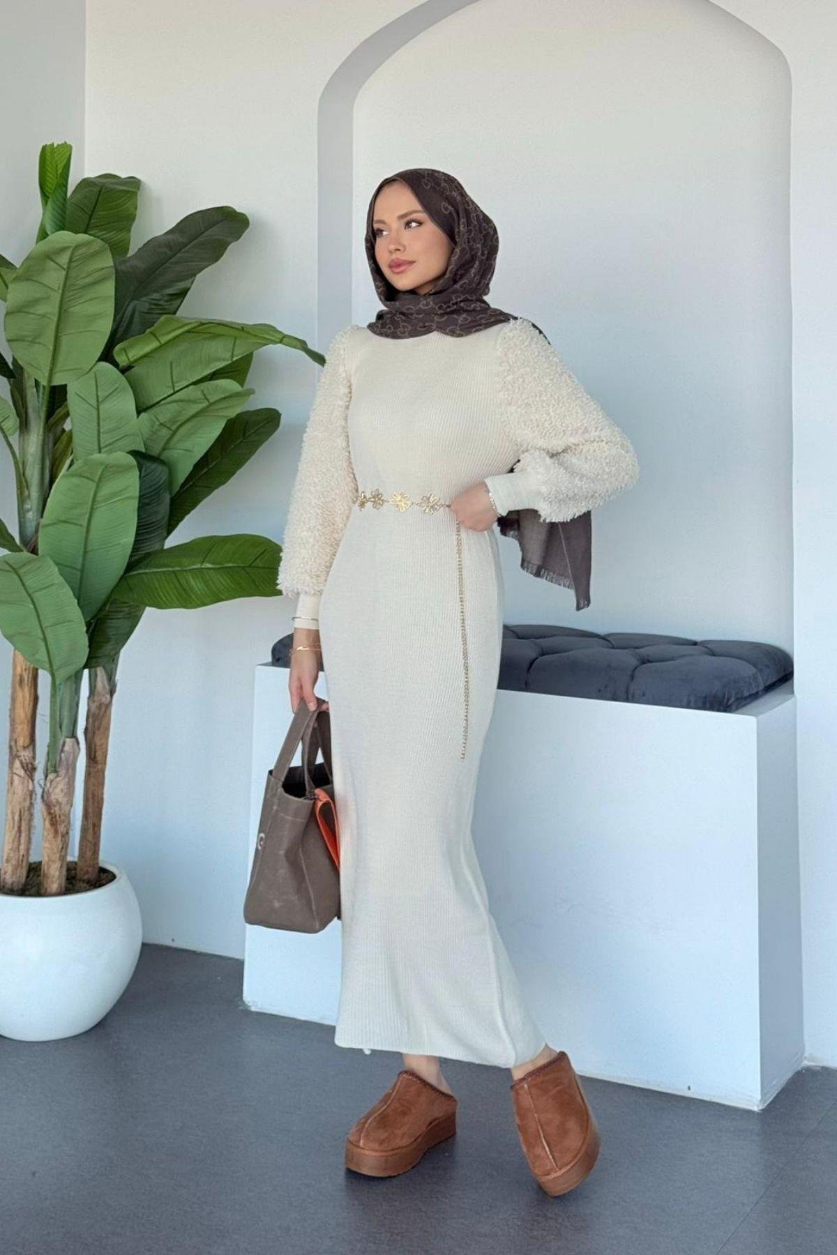 Kolu Peluş Triko Elbise Ekru, Fiyatları 