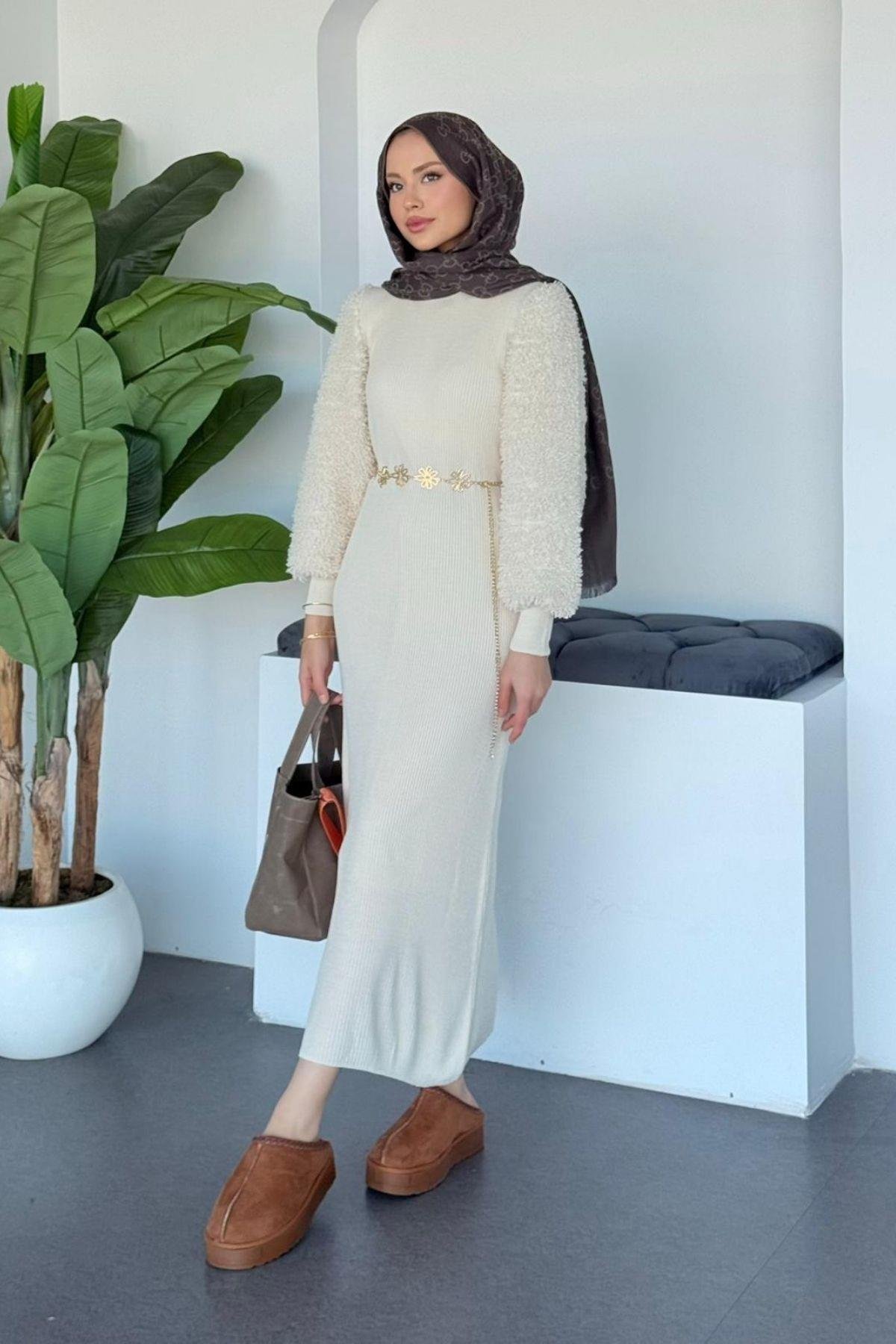 Kolu Peluş Triko Elbise Ekru, Fiyatları 