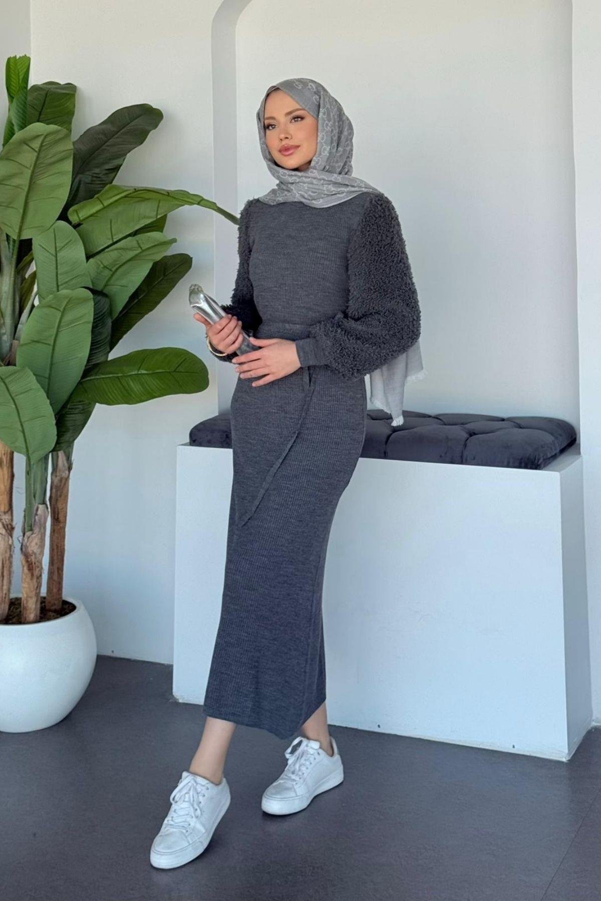 Kolu Peluş Triko Elbise Füme, Fiyatları 