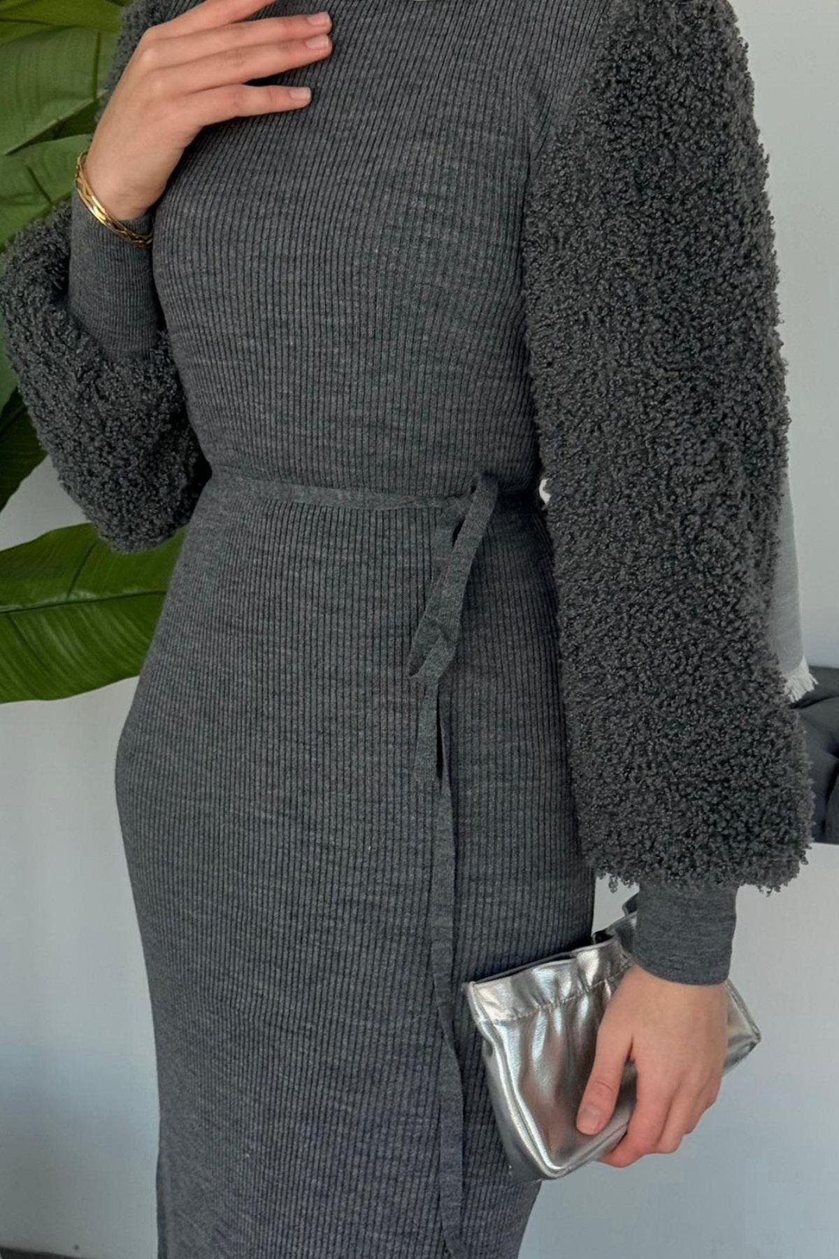 Kolu Peluş Triko Elbise Füme, Fiyatları 