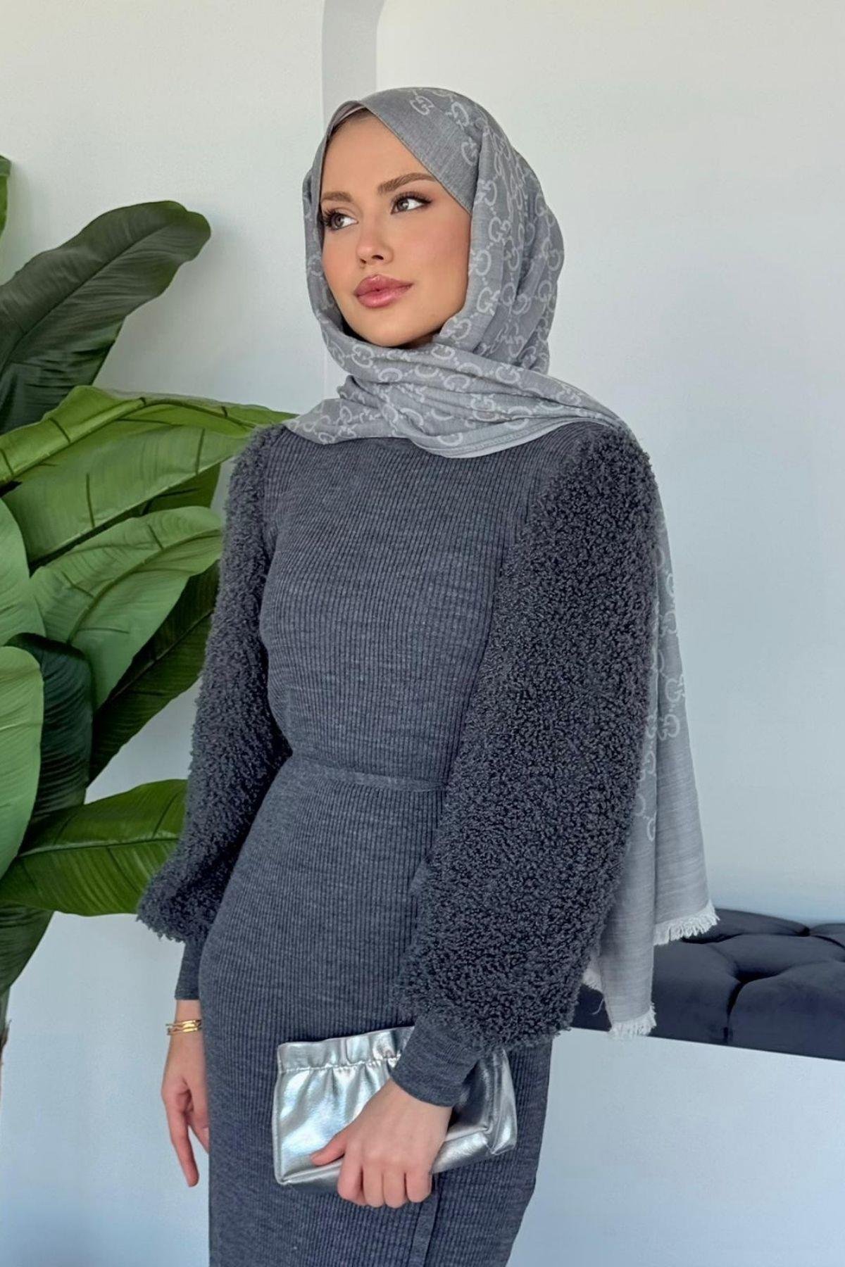 Kolu Peluş Triko Elbise Füme, Fiyatları 