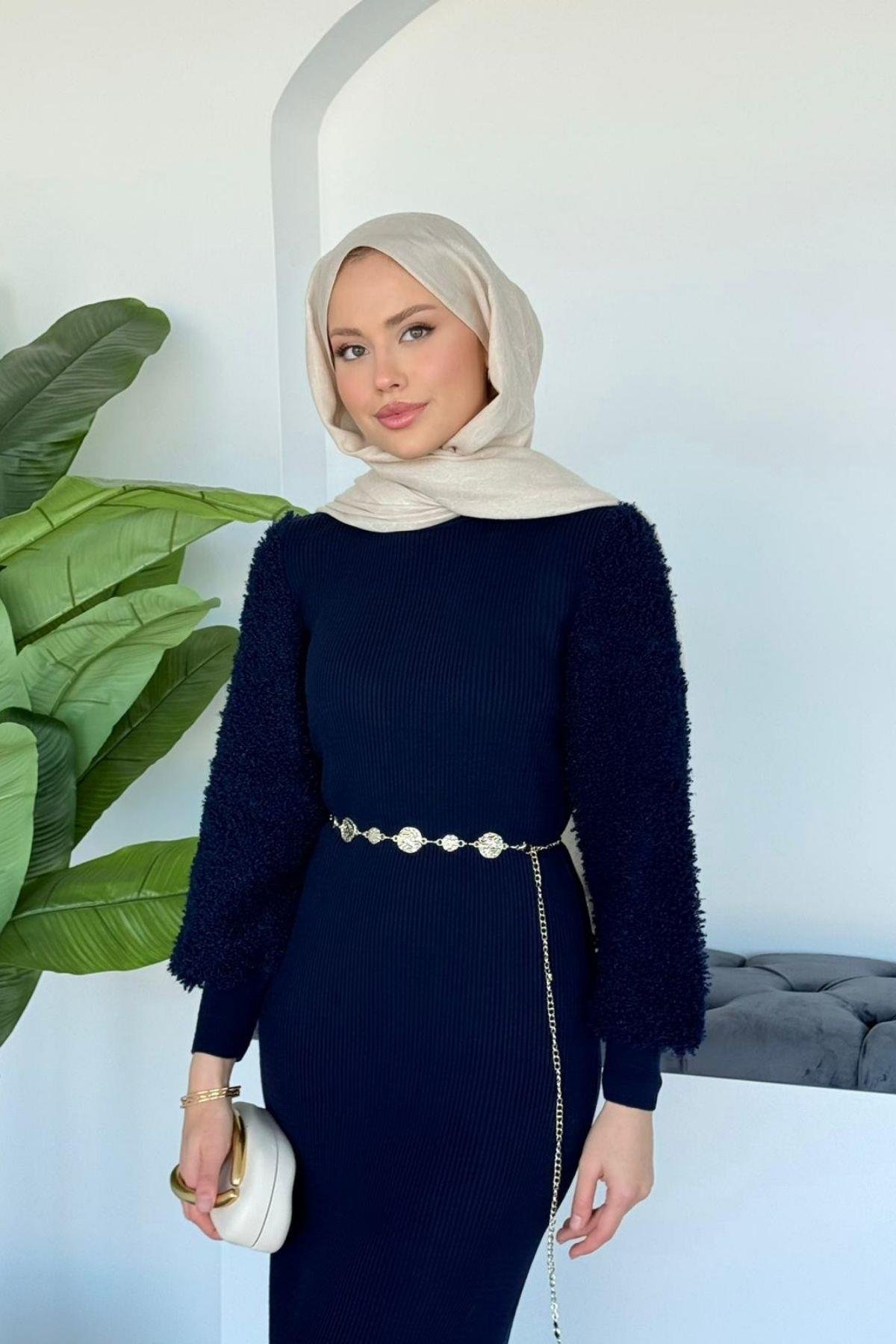 Kolu Peluş Triko Elbise Lacivert, Fiyatları 