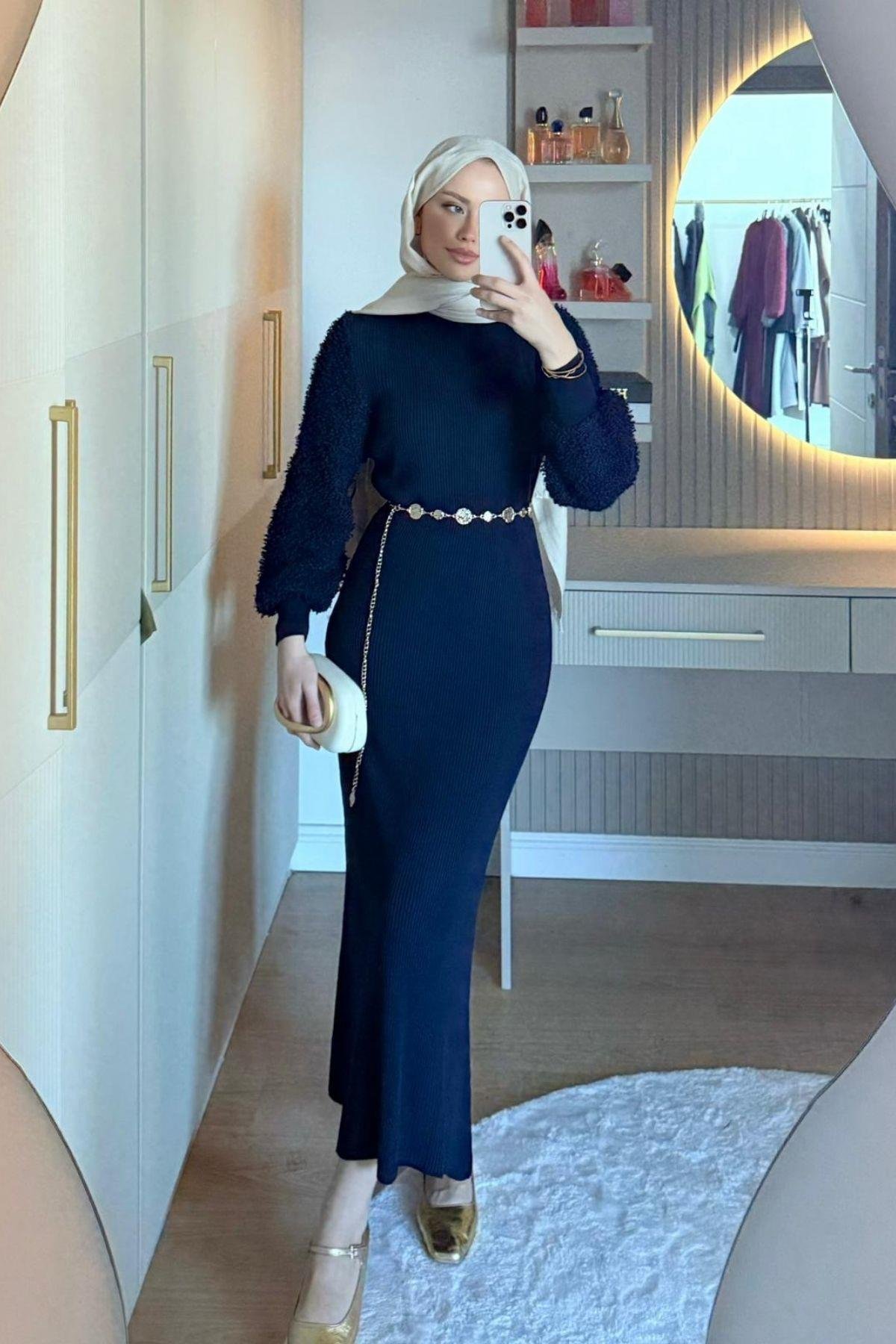 Kolu Peluş Triko Elbise Lacivert, Fiyatları 