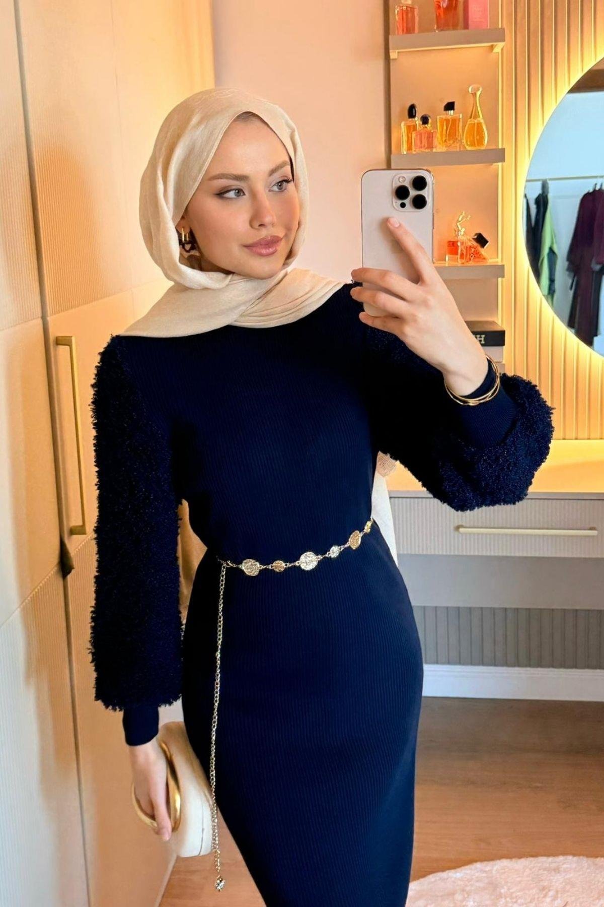 Kolu Peluş Triko Elbise Lacivert, Fiyatları 