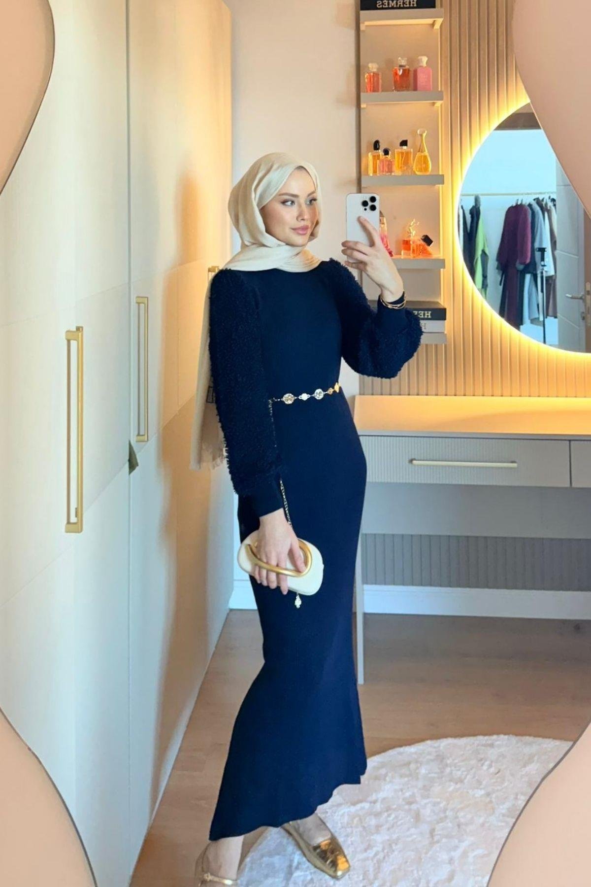 Kolu Peluş Triko Elbise Lacivert, Fiyatları 