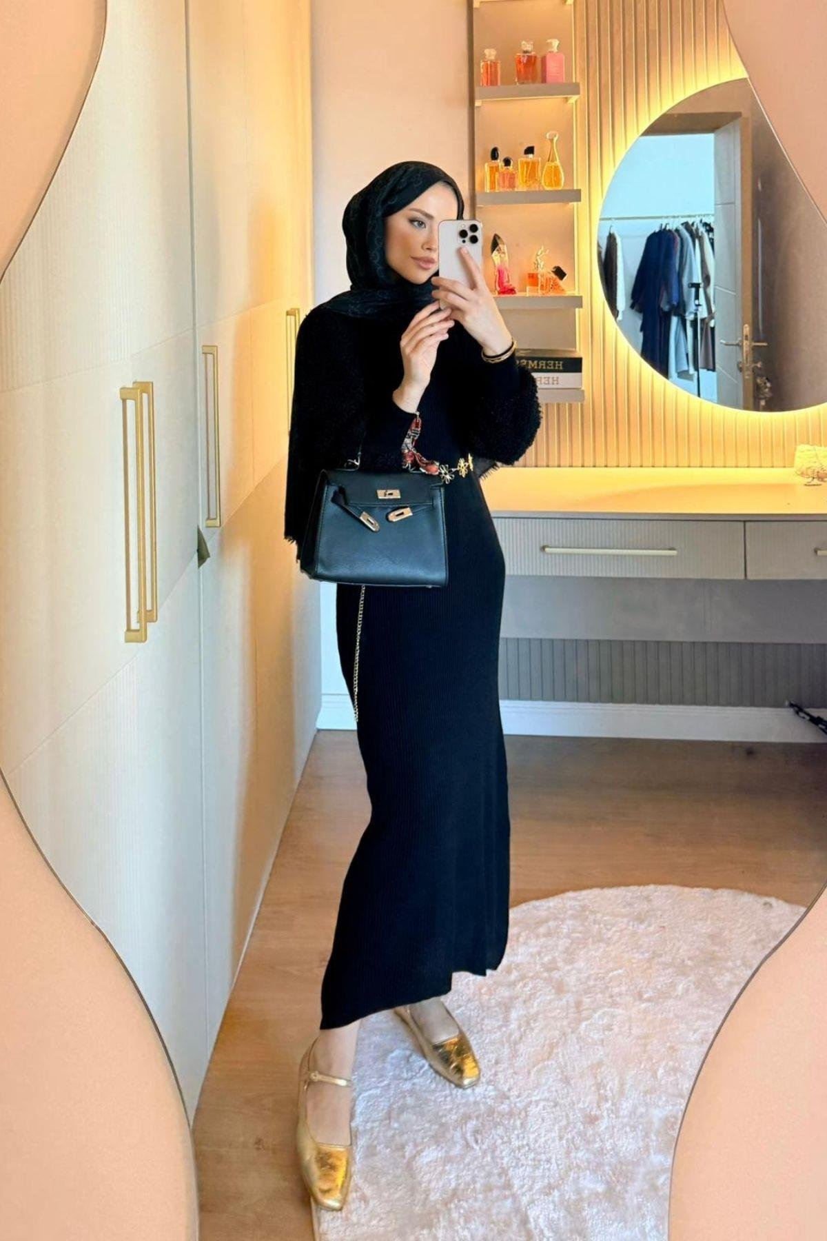 Kolu Peluş Triko Elbise Siyah, Fiyatları 