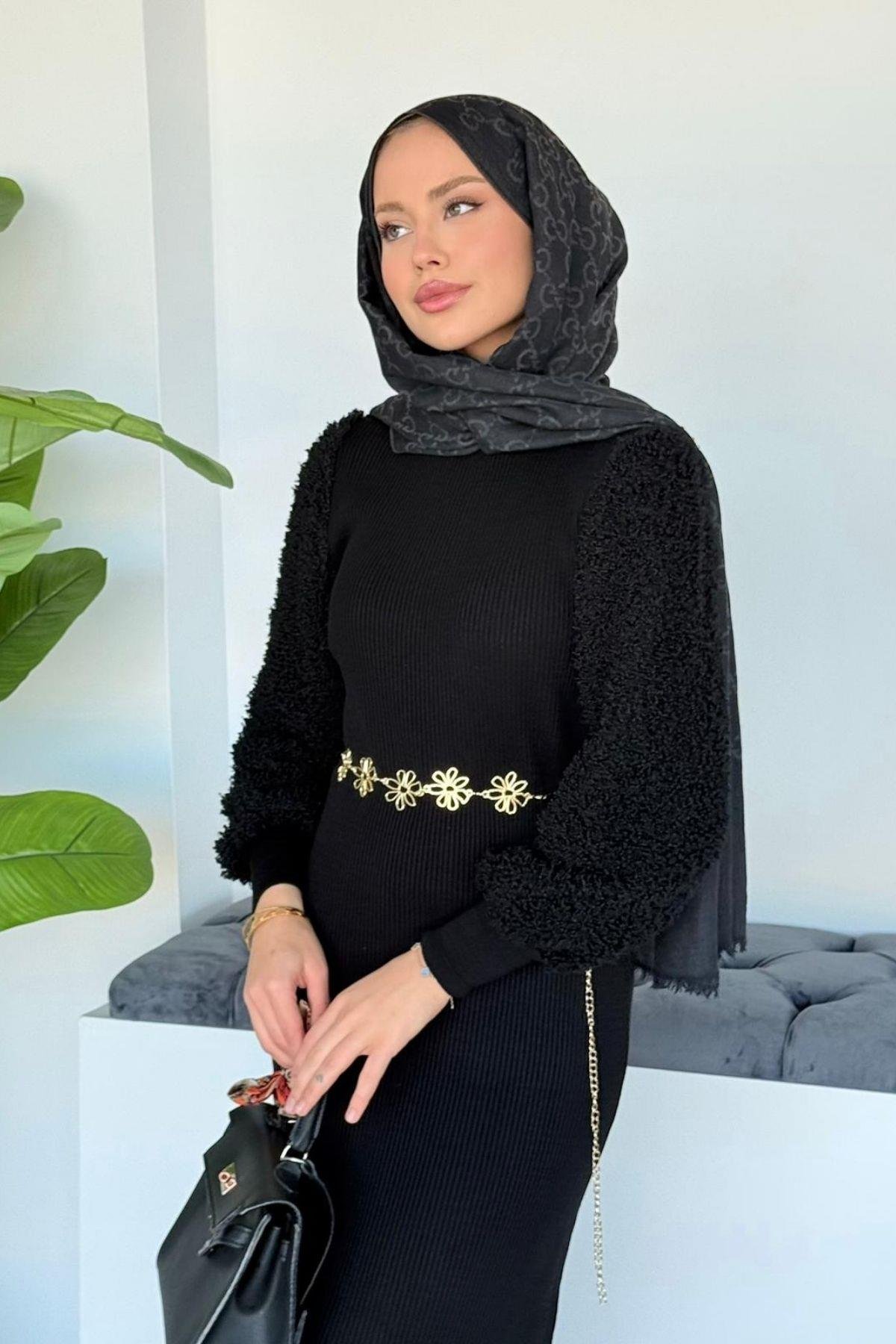 Kolu Peluş Triko Elbise Siyah, Fiyatları 