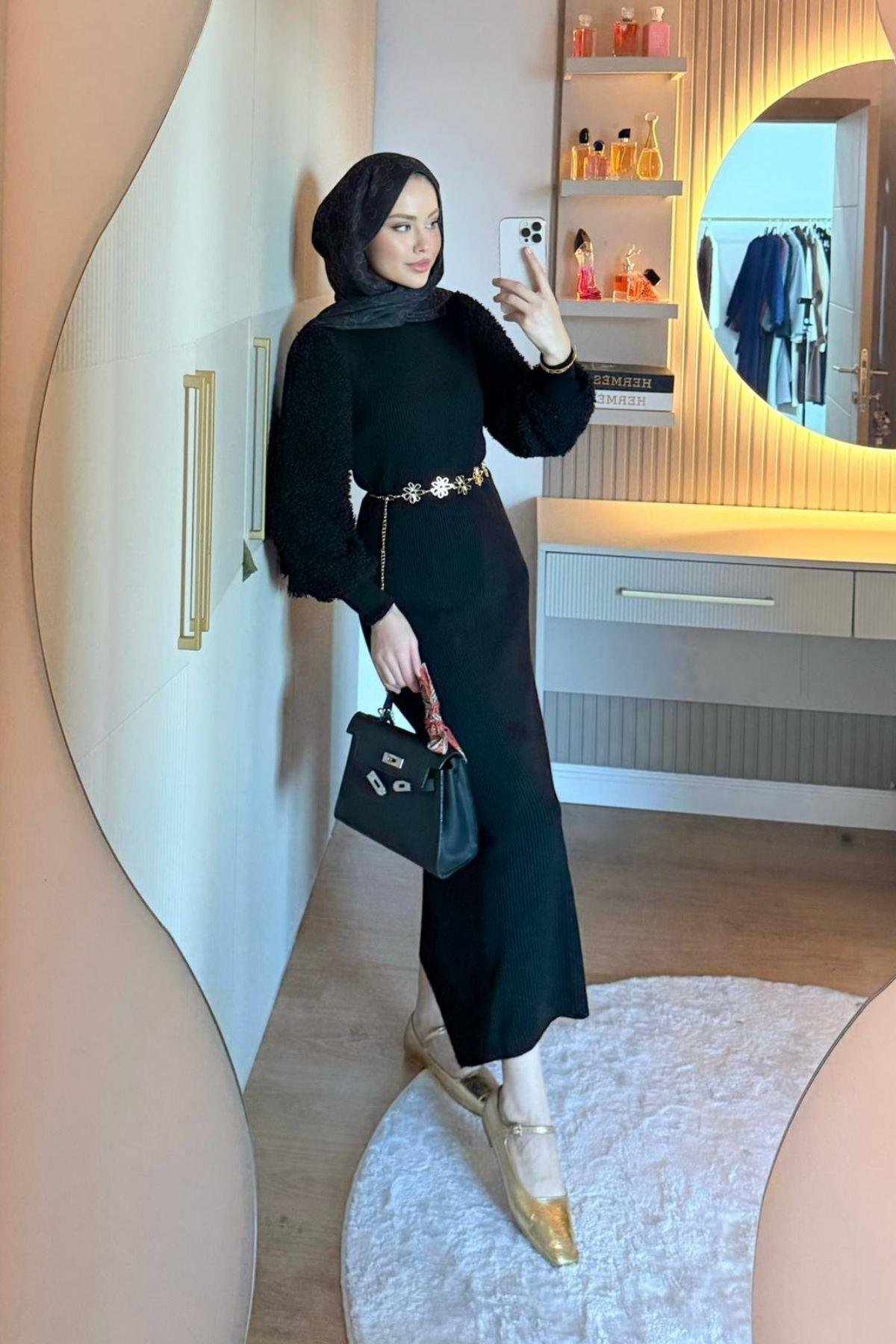 Kolu Peluş Triko Elbise Siyah, Fiyatları 