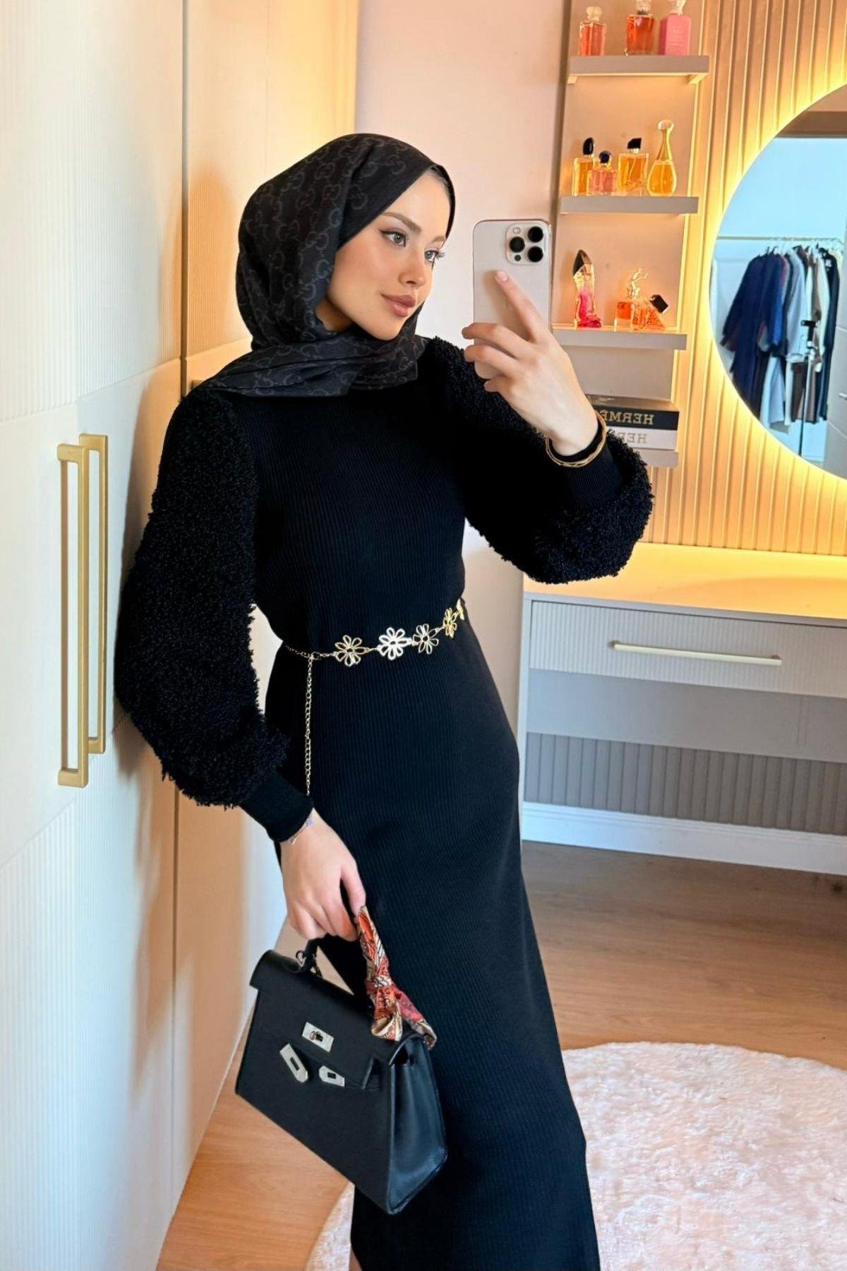 Kolu Peluş Triko Elbise Siyah, Fiyatları 