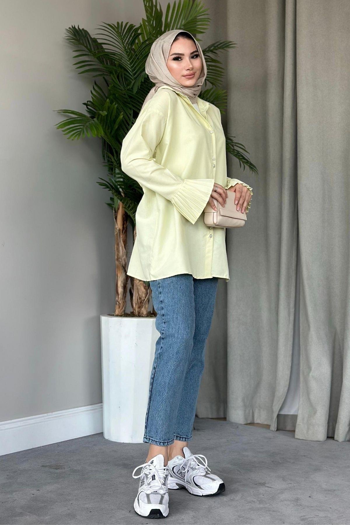 Piliseli Poplin Gömlek Açık Sarı, Fiyatları 