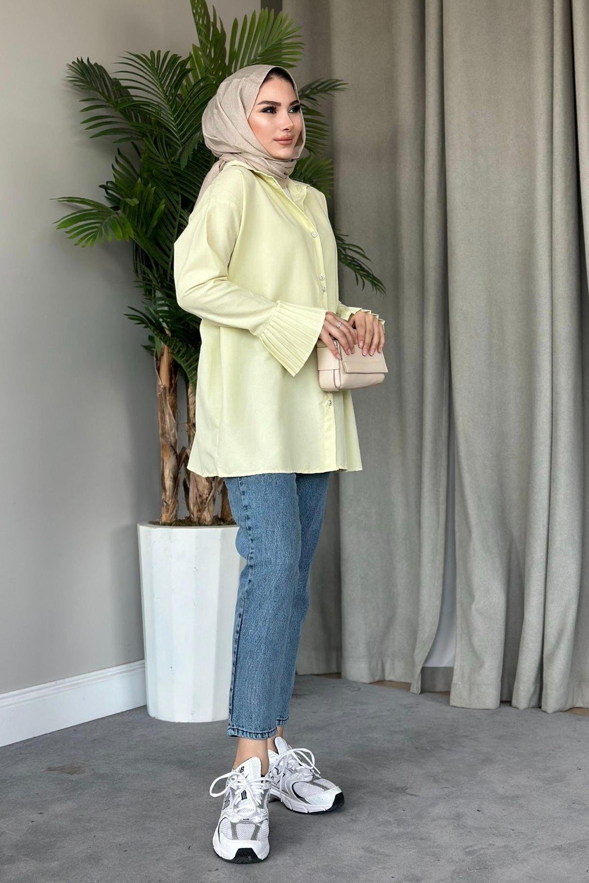 Piliseli Poplin Gömlek Açık Sarı, Fiyatları 