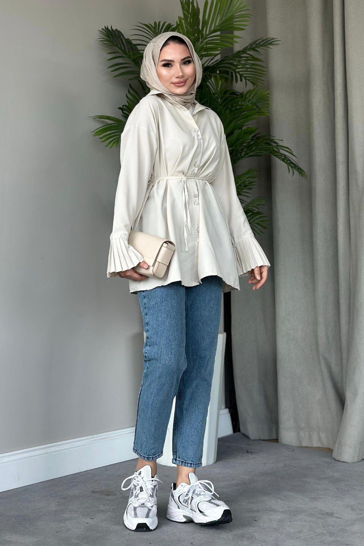 Piliseli Poplin Gömlek Bej, Fiyatları 