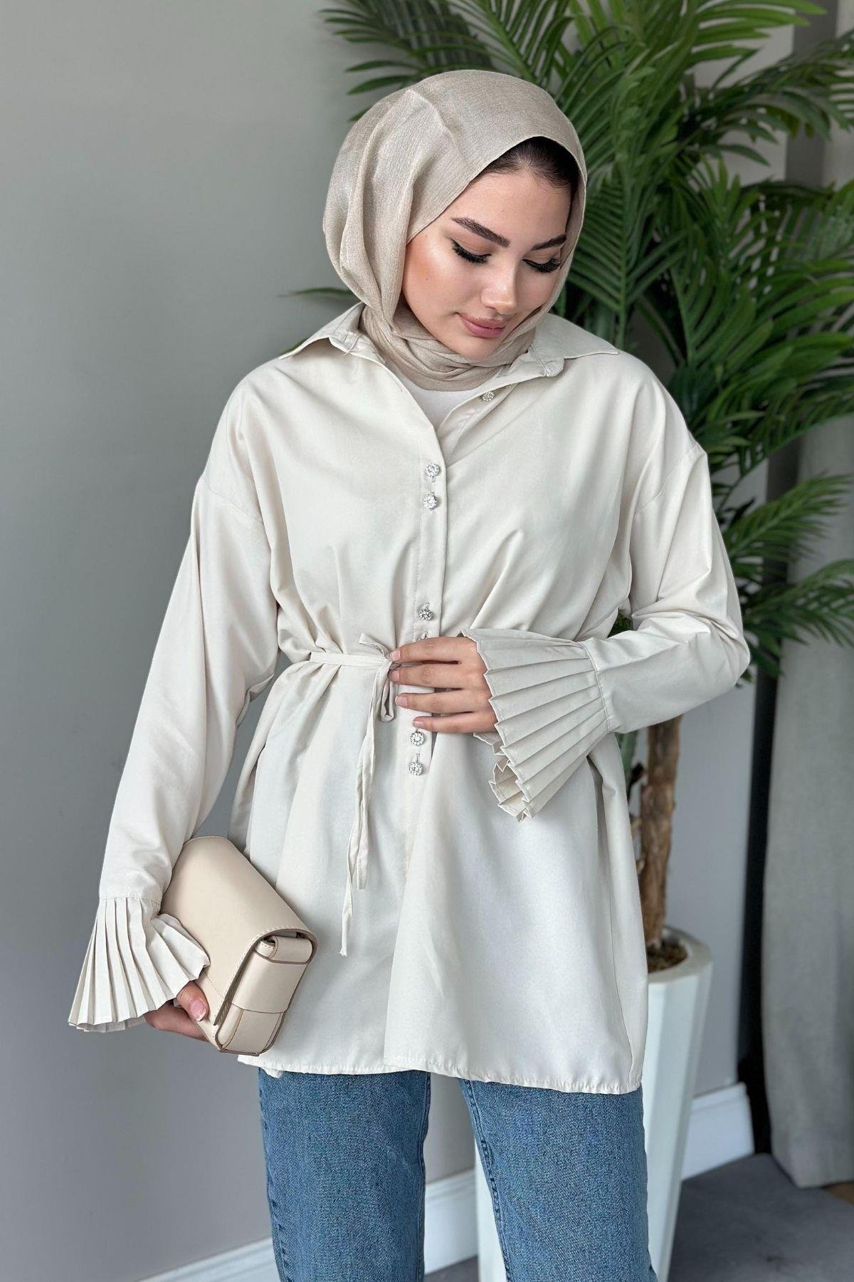 Piliseli Poplin Gömlek Bej, Fiyatları 