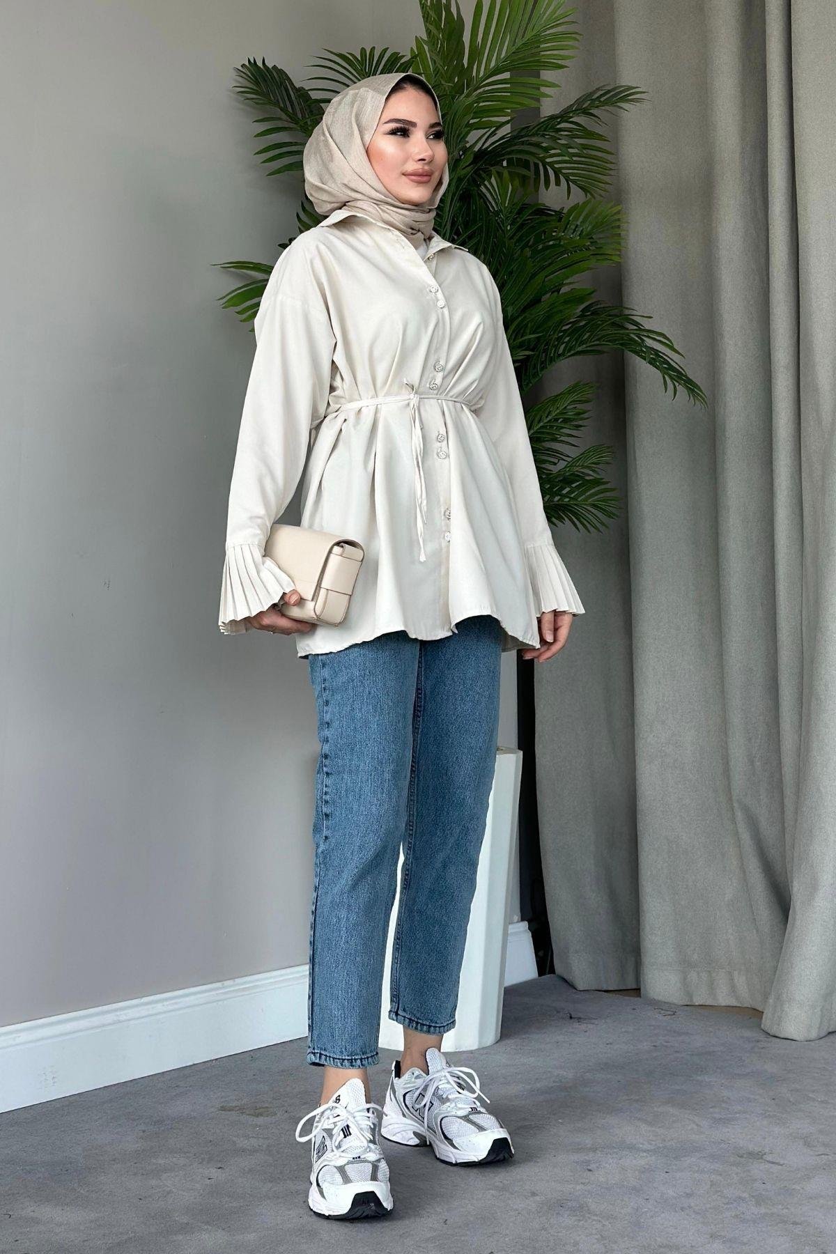 Piliseli Poplin Gömlek Bej, Fiyatları 