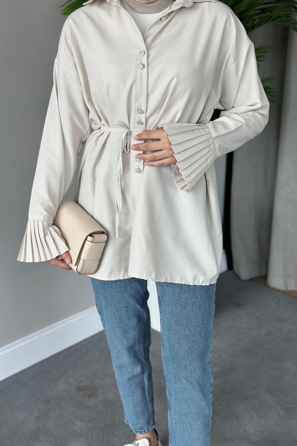 Piliseli Poplin Gömlek Bej, Fiyatları 