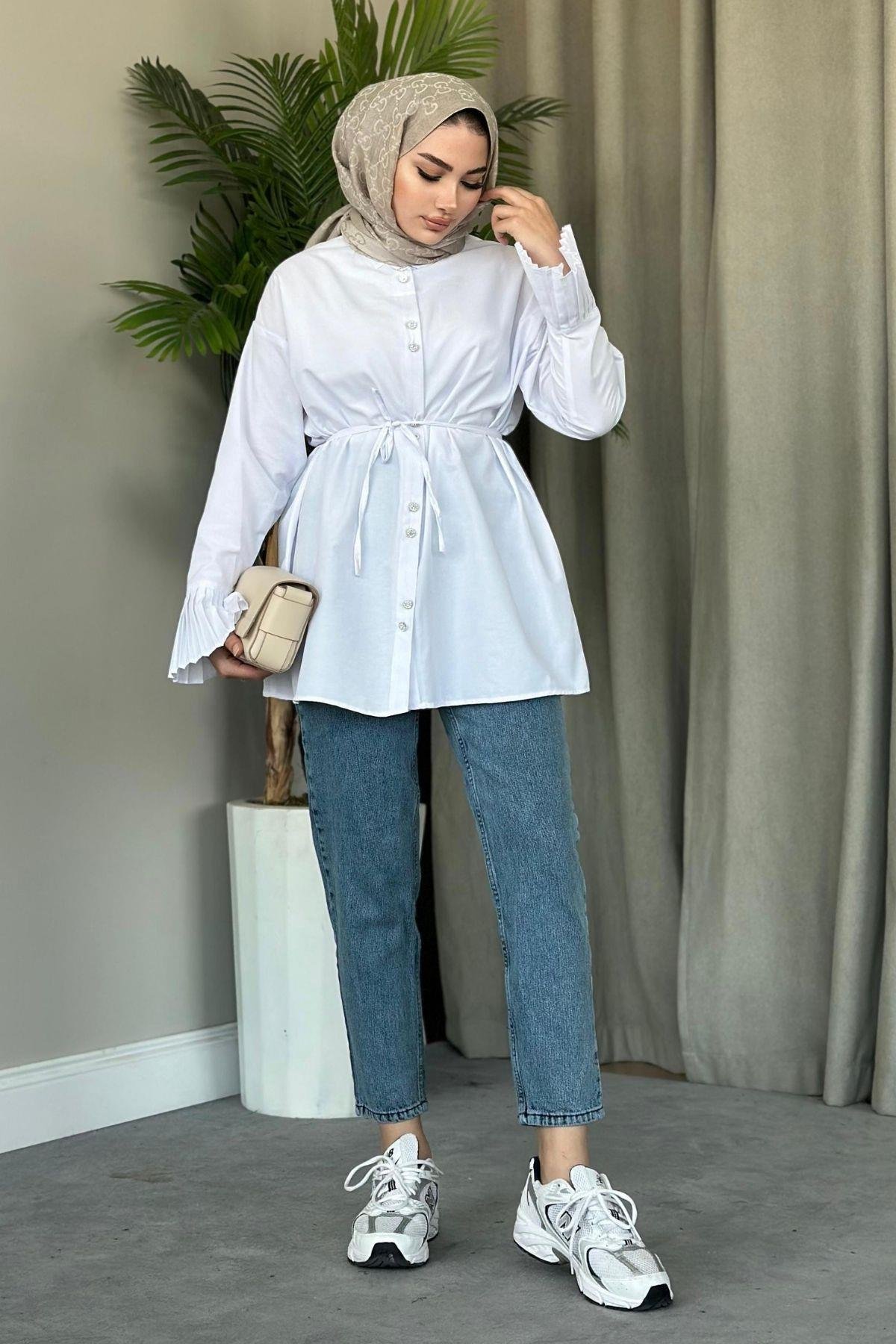 Piliseli Poplin Gömlek Beyaz, Fiyatları 