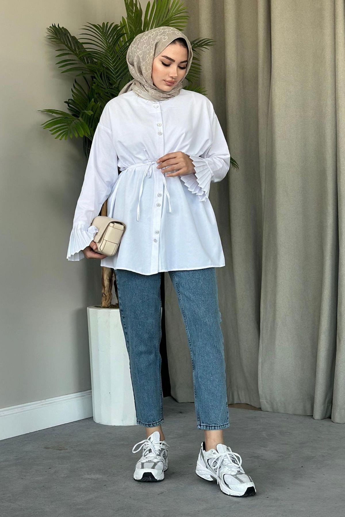 Piliseli Poplin Gömlek Beyaz, Fiyatları 