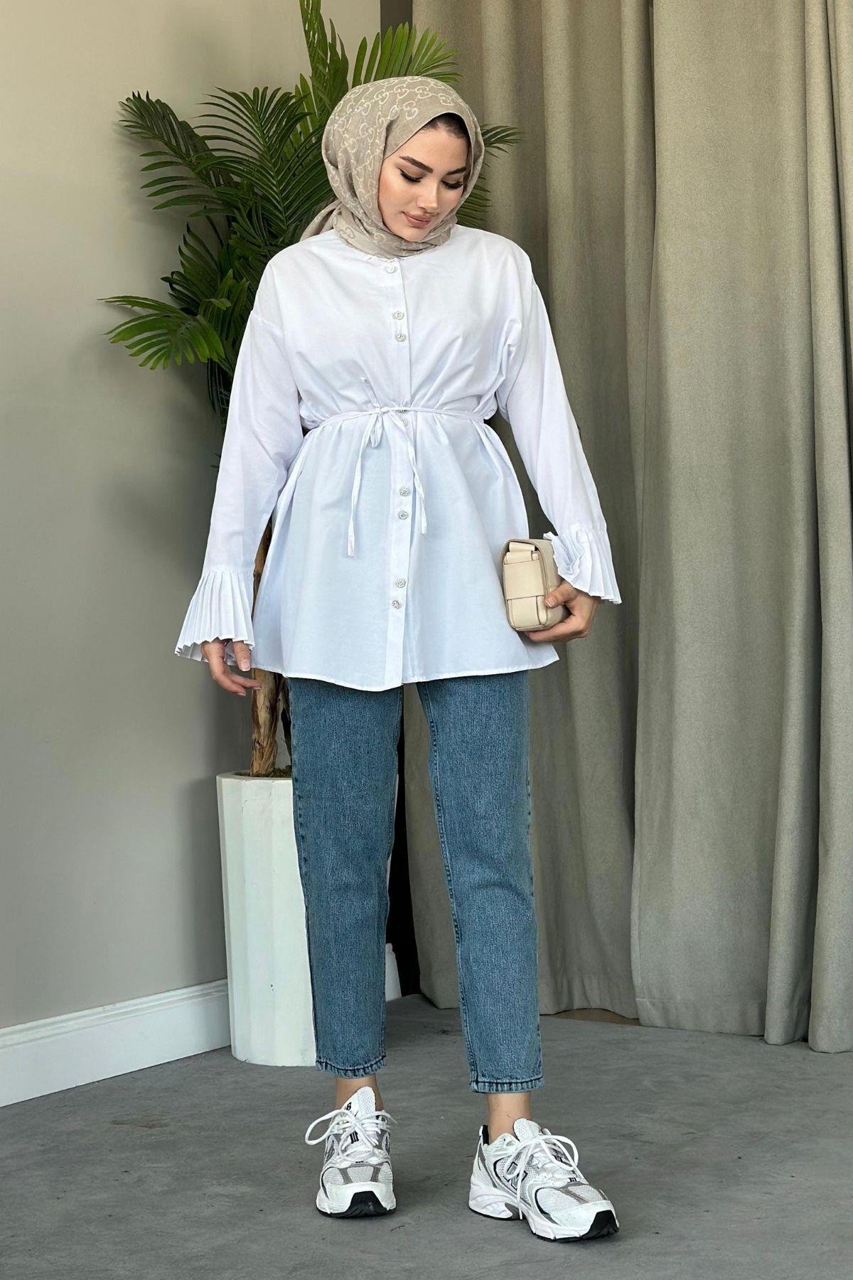 Piliseli Poplin Gömlek Beyaz, Fiyatları 