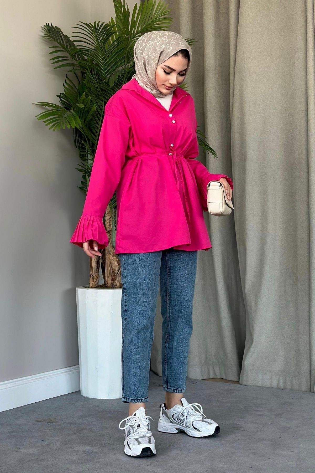 Piliseli Poplin Gömlek Fuşya, Fiyatları 